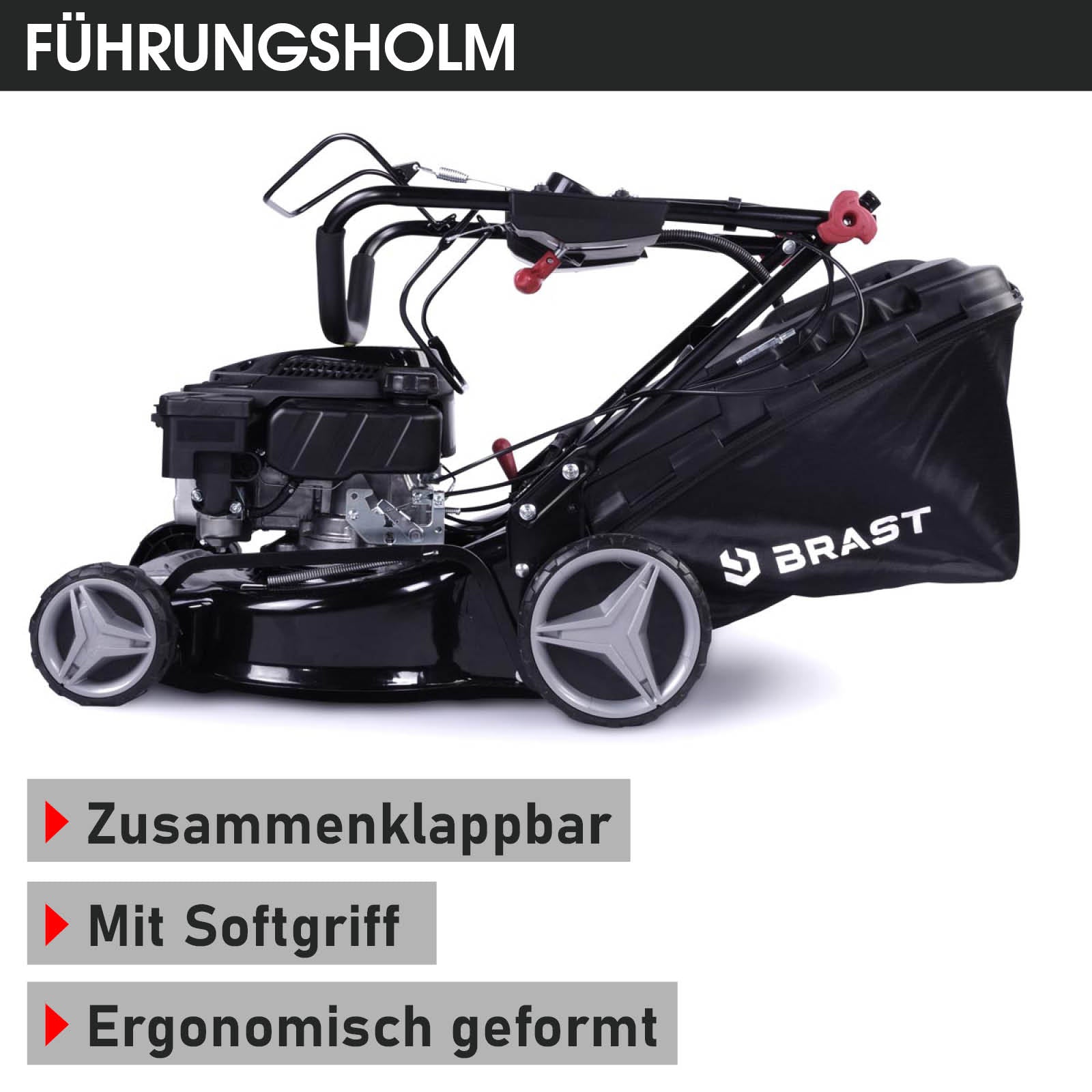 Schwarzer BRAST Benzin-Rasenmäher mit klappbarem ergonomischem Führungsholm und Softgriffen.