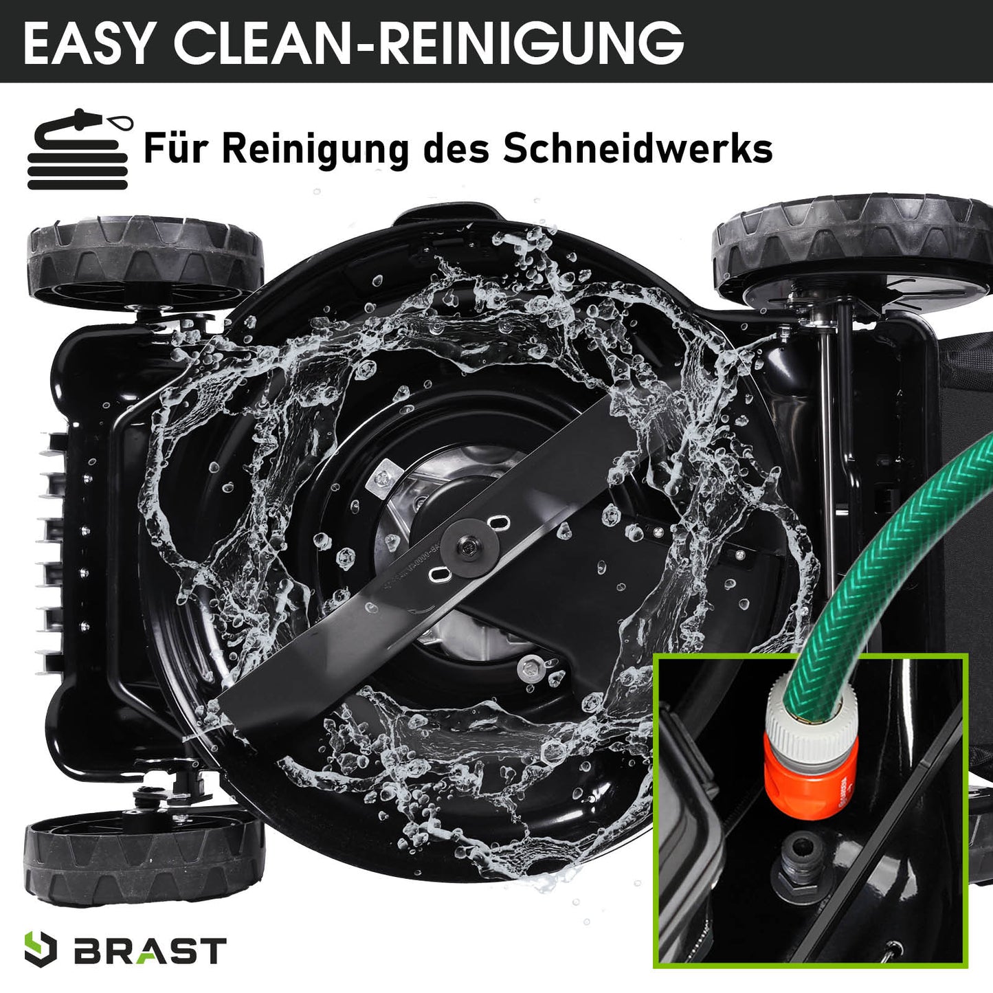 Unterseite des braunen BRAST Benzin-Rasenmähers 16145 mit Wasseranschluss für einfache Reinigung.