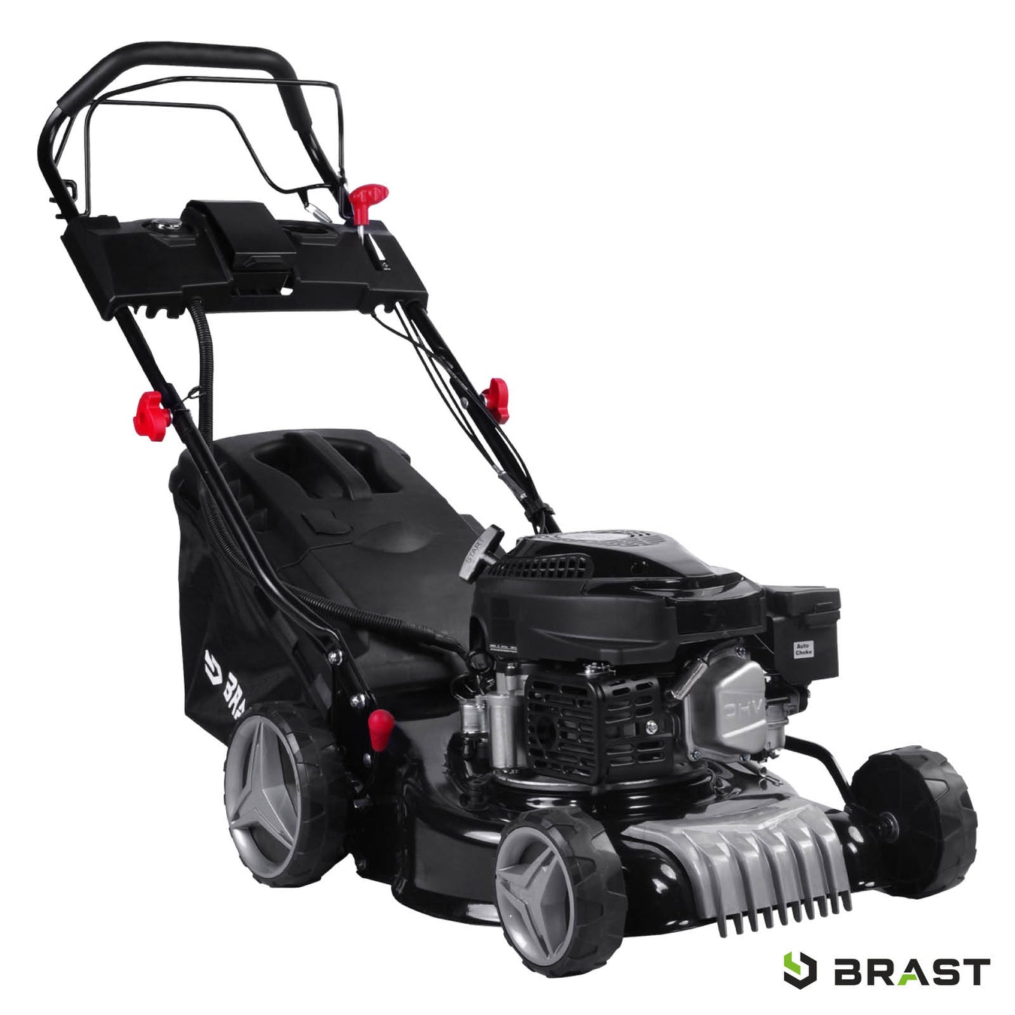 Schwarzer Benzin-Rasenmäher mit Antrieb, E-Start, Mulchfunktion und großem Grasfangkorb.