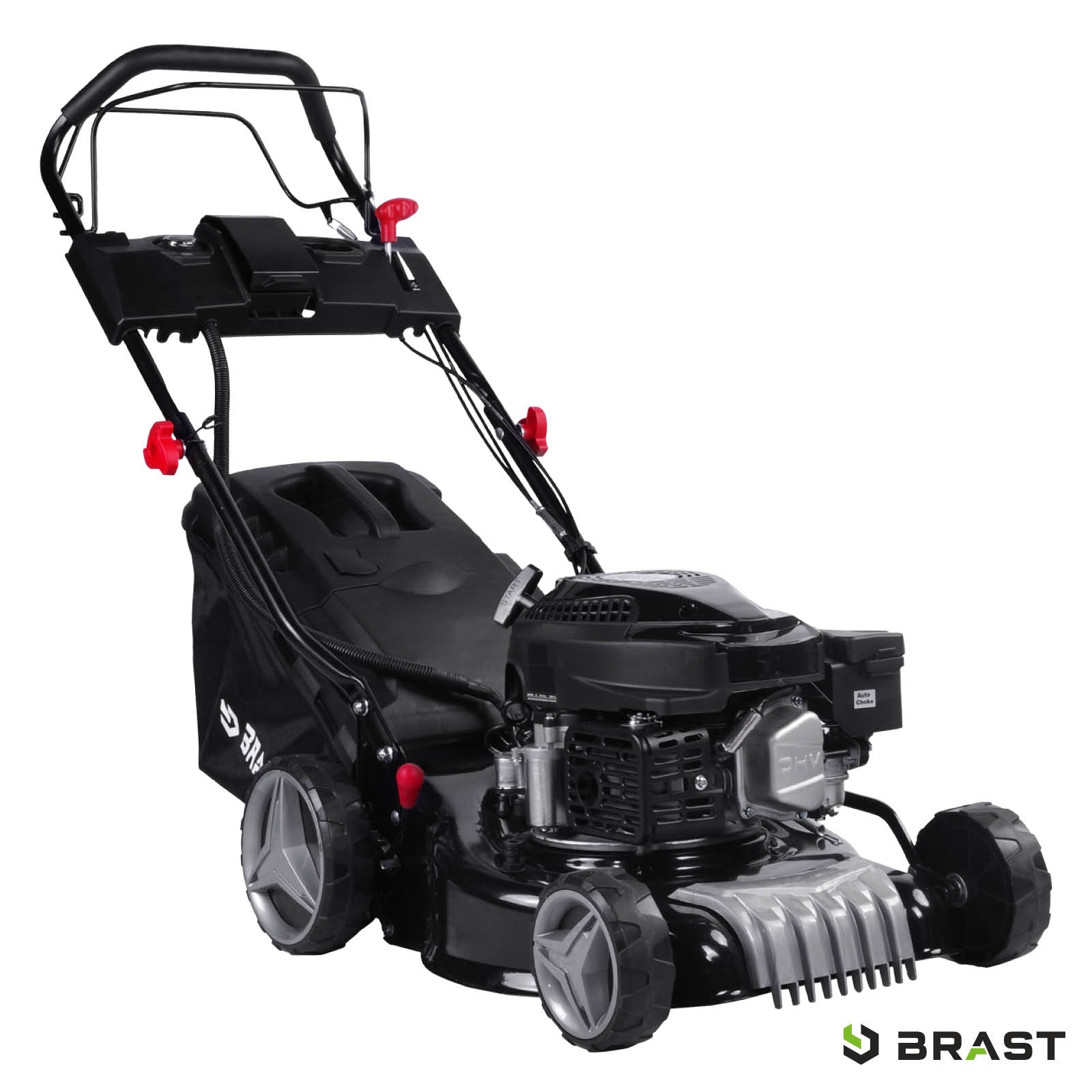 Schwarzer Benzin-Rasenmäher mit Antrieb, E-Start, Mulchfunktion und großem Grasfangkorb.