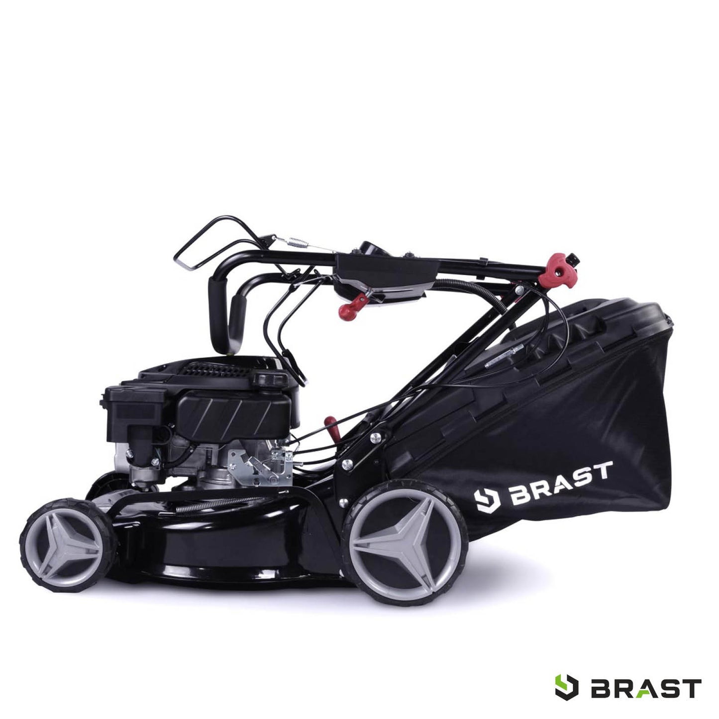 Schwarzer Benzin-Rasenmäher mit E-Start, Antrieb, Mulchfunktion und Fangsack von BRAST.
