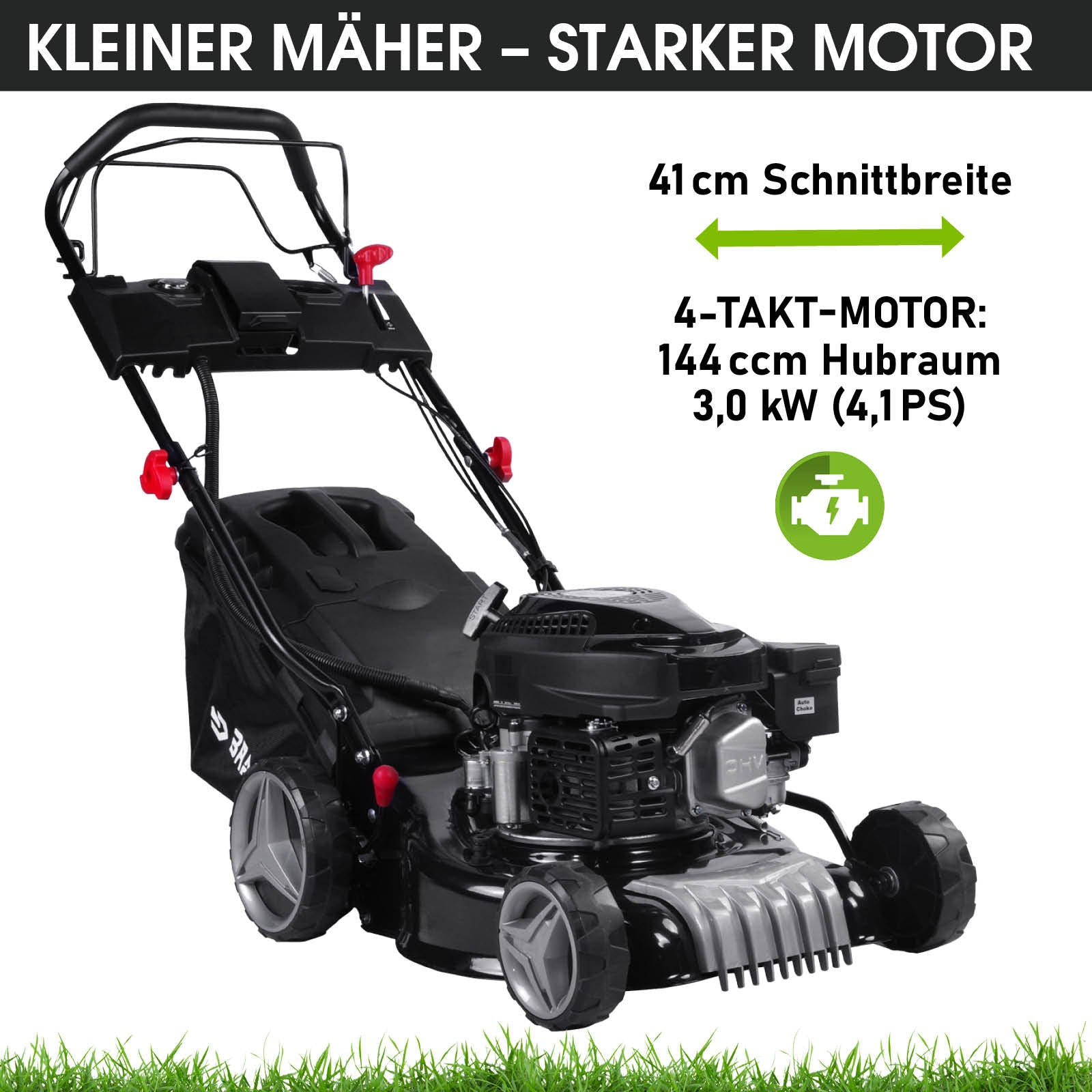 Schwarzer Benzin-Rasenmäher mit 41 cm Schnittbreite, 4-Takt-Motor, E-Start und Mulchfunktion.