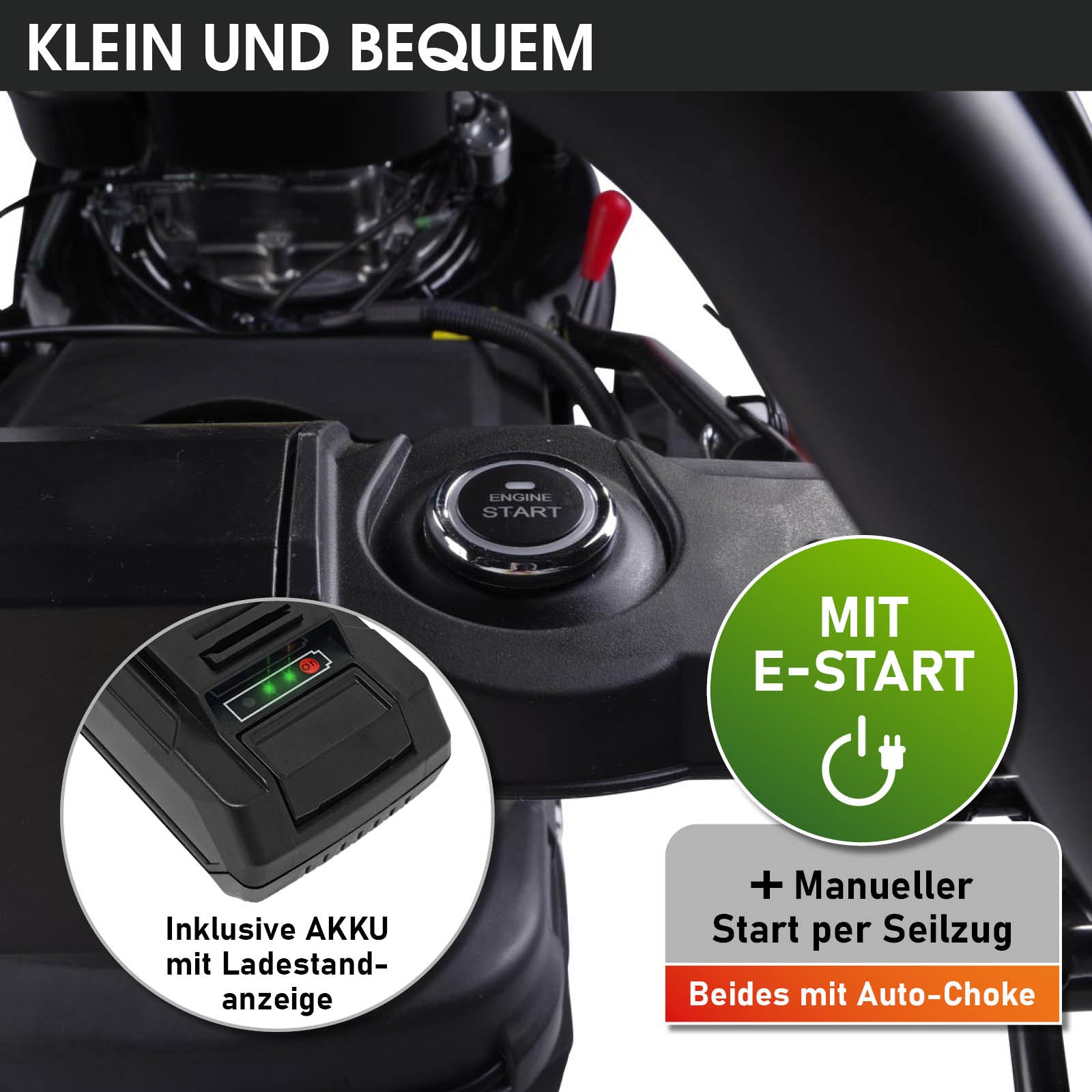 Schwarzer Benzin-Rasenmäher mit E-Start-Knopf und manuellem Seilzug, kompakt und handlich.