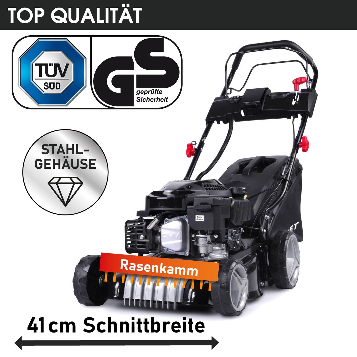 Schwarzer Benzin-Rasenmäher mit 41 cm Schnittbreite, Stahlgehäuse und Mulchfunktion, E-Start und Antrieb.