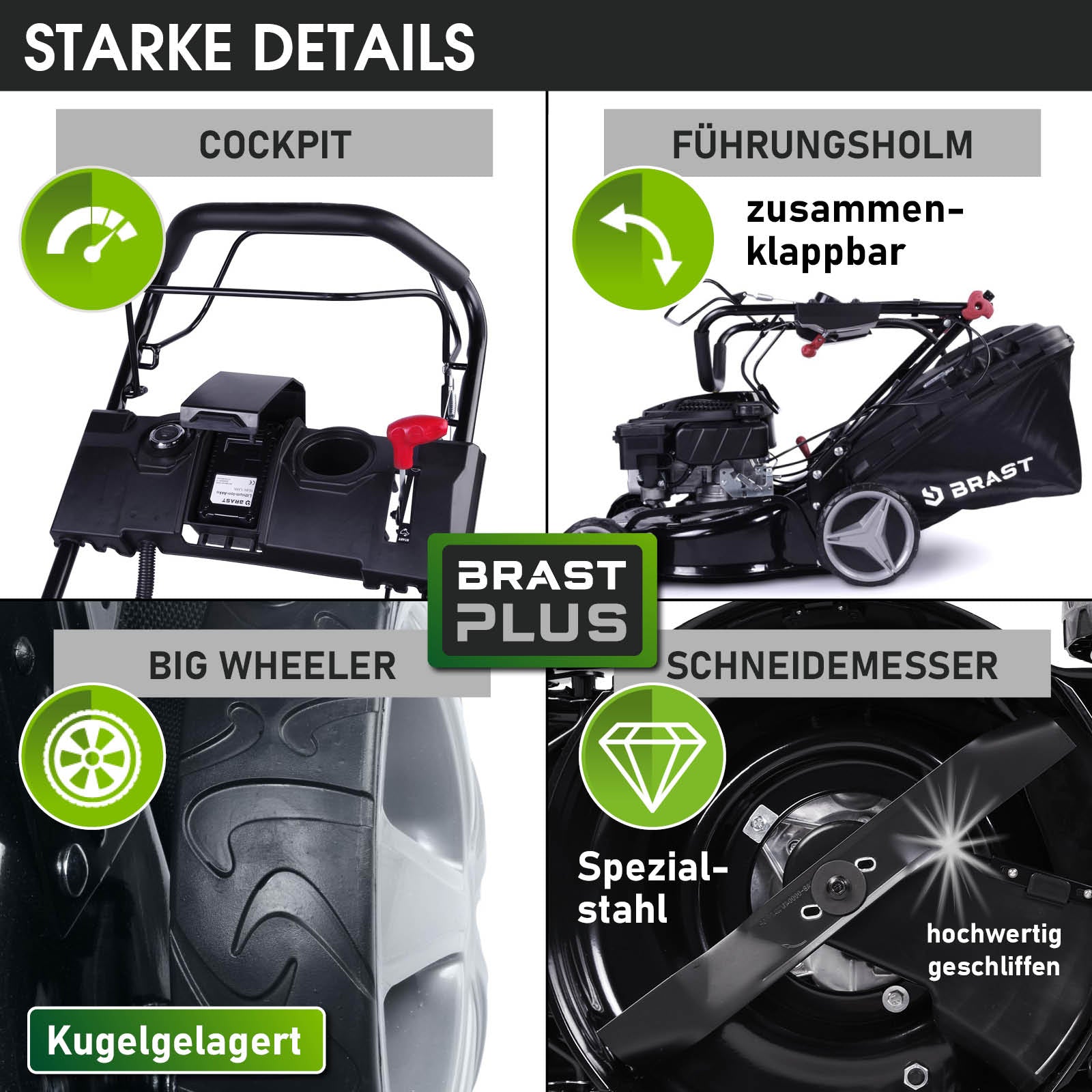Schwarzer BRAST Benzin-Rasenmäher mit klappbarem Führungsholm und kugelgelagerten großen Rädern.