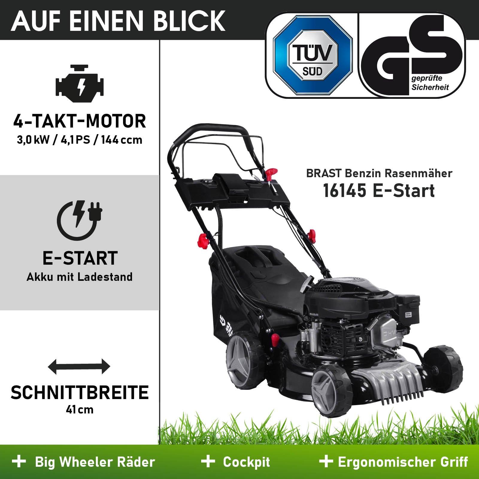 Schwarzer BRAST Benzin-Rasenmäher 16145 E-START mit 41 cm Schnittbreite, E-Start und ergonomischem Griff.