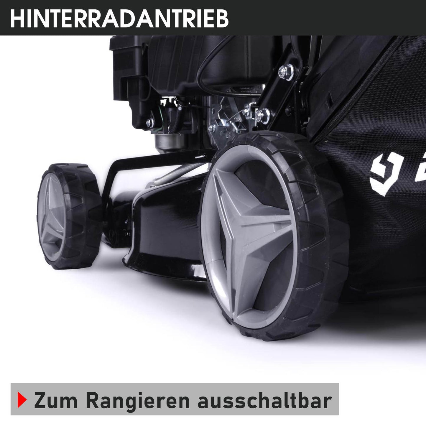 Schwarzer Benzin-Rasenmäher mit großem Hinterradantrieb und E-Start-Funktion, Nahaufnahme.