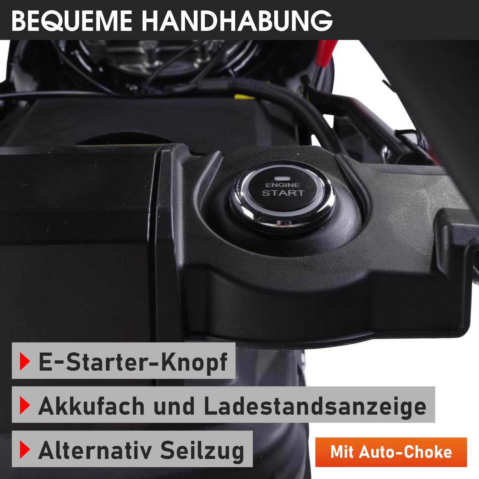Schwarzer E-Starter-Knopf am BRAST Benzin Rasenmäher mit Akkufach und Ladestandsanzeige.