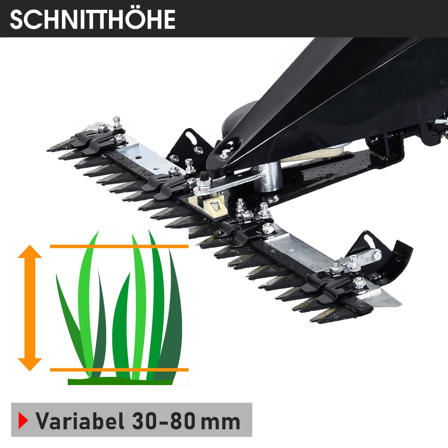 Schwarzer Balkenmäher-Schneidbalken mit scharfen Messern und verstellbarer Schnitthöhe von 30 bis 80 mm, passend für 4-Takt.