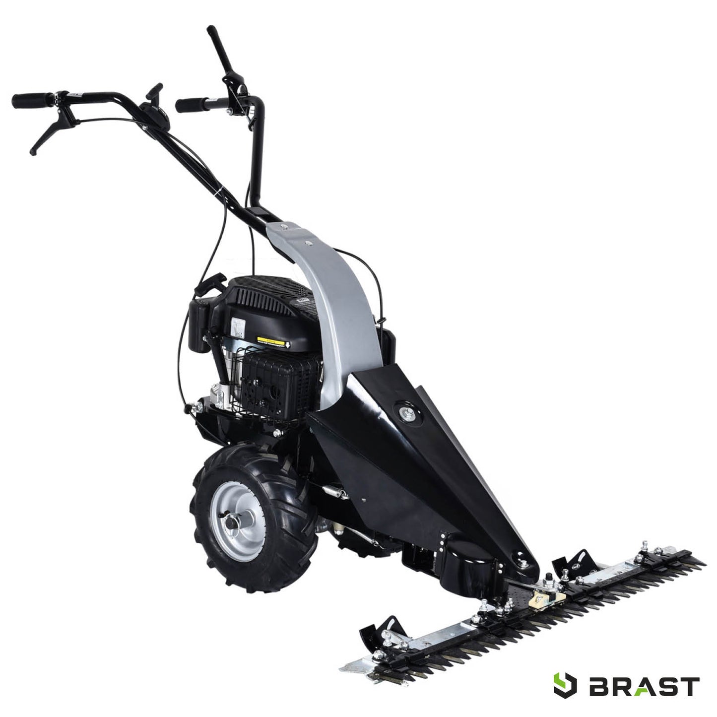 Schwarzer BRAST Balkenmäher mit 4-Takt Motor, 4,8 PS, zwei großen Rädern und verstellbarem Griff.