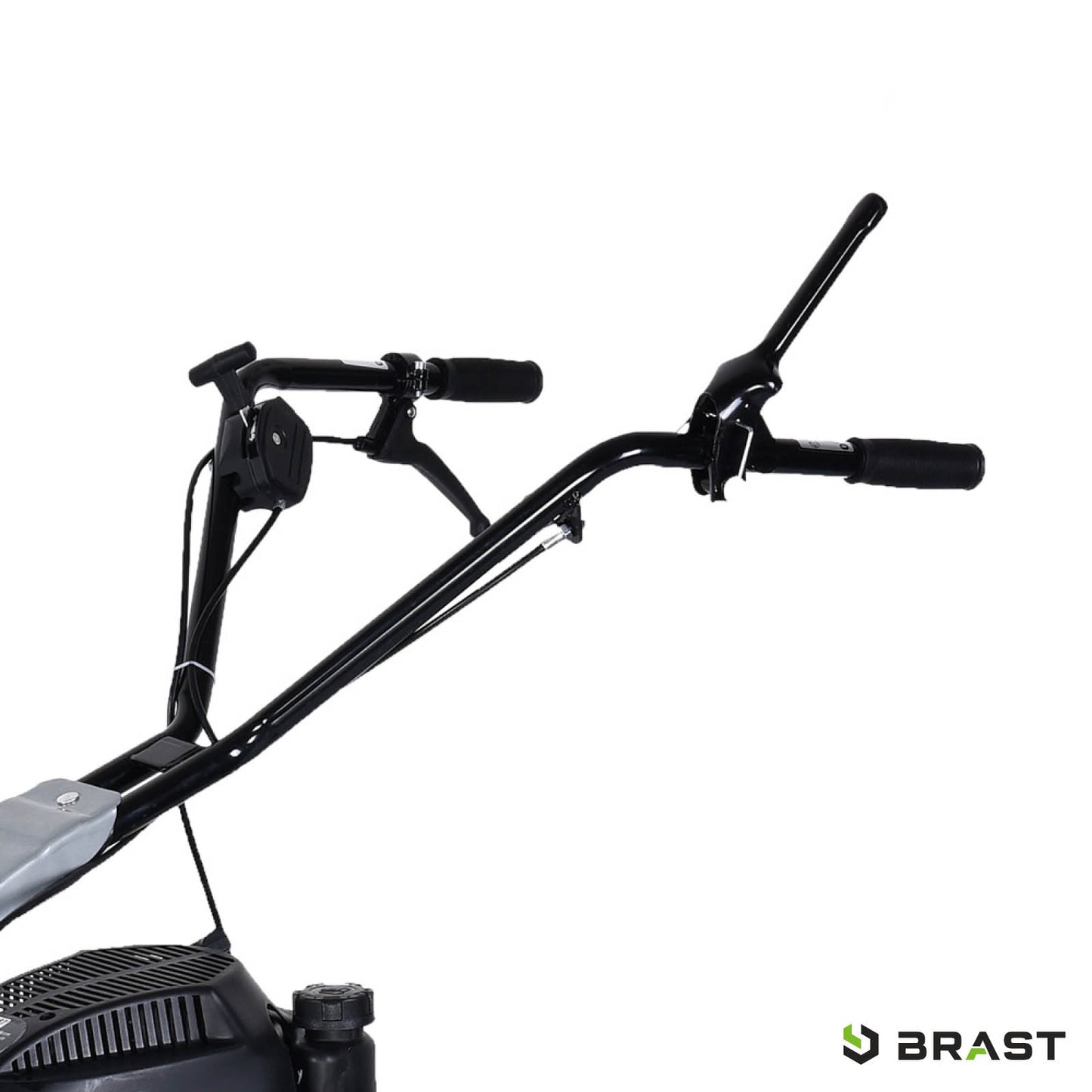 Schwarzer Balkenmäher mit ergonomischem Lenker, deutlich sichtbarer Gasgriff und Handhebel, 4-Takt Motor 4,8PS, modernes.