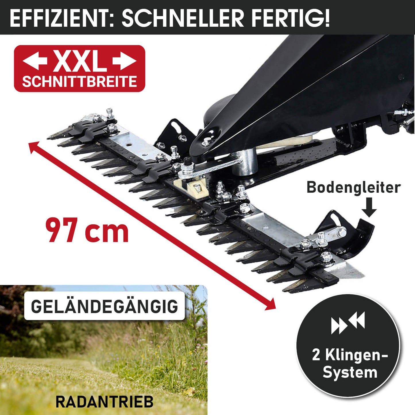 Benzin Balkenmäher mit 97 cm XXL Schnittbreite, 4-Takt Motor mit 4,8 PS, Geländegängig, 2 Klingen-System, Bodengleiter.