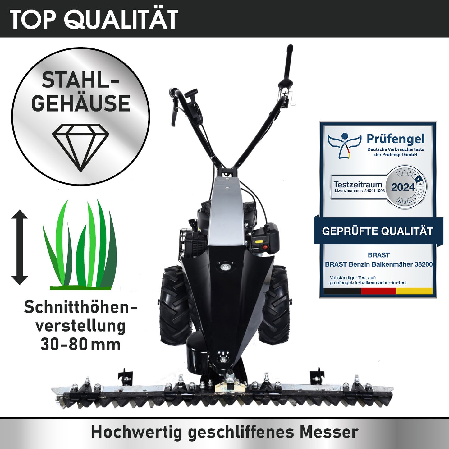 BRAST Benzin Balkenmäher mit robustem Stahlgehäuse, Schnittbreite mit verstellbarer Schnitthöhe 30-80 mm.
