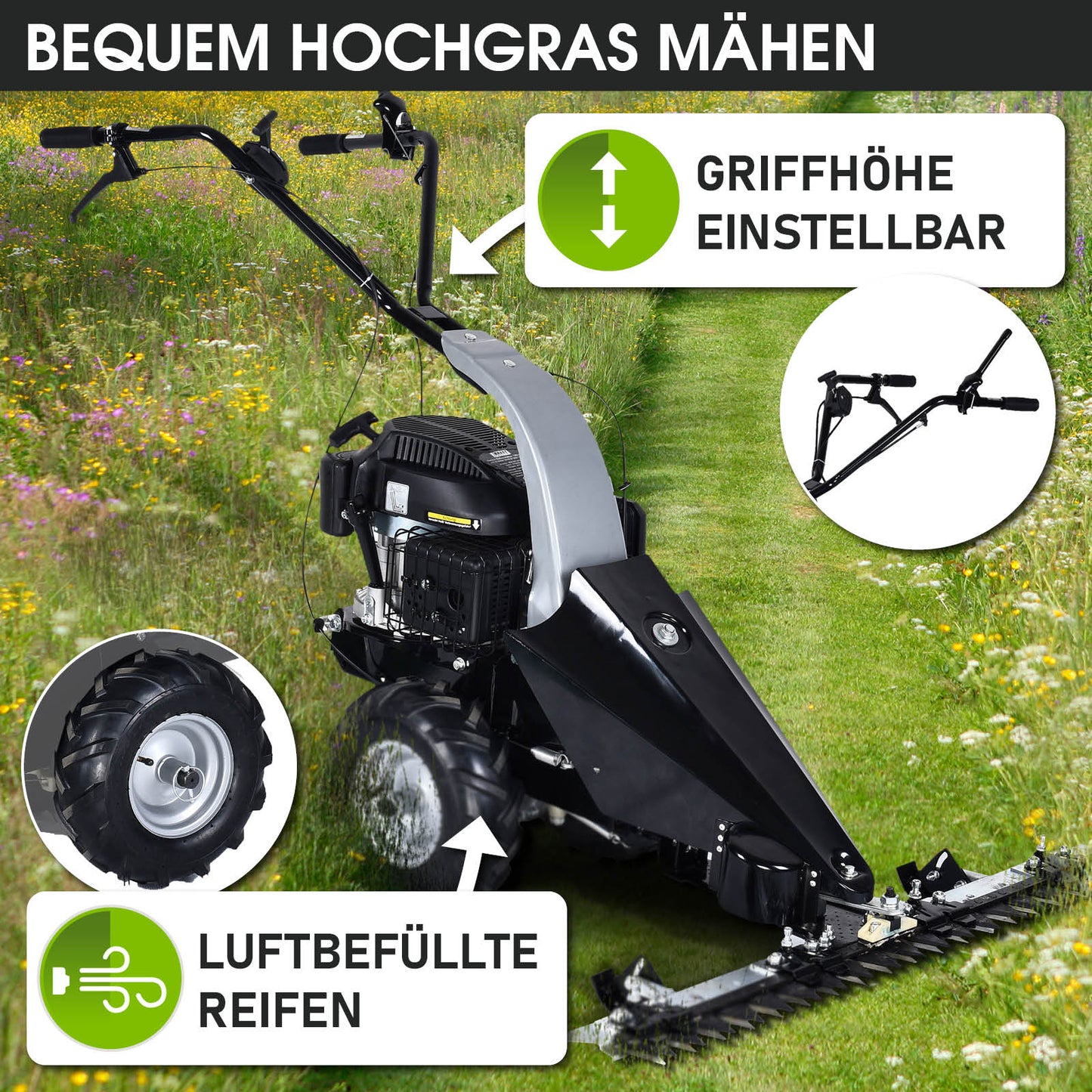 Schwarzer Brast Benzin Balkenmäher 38200 mit 4-Takt Motor 4,8PS, luftbefüllte Reifen, höhenverstellbarer Griff, auf Wiese.
