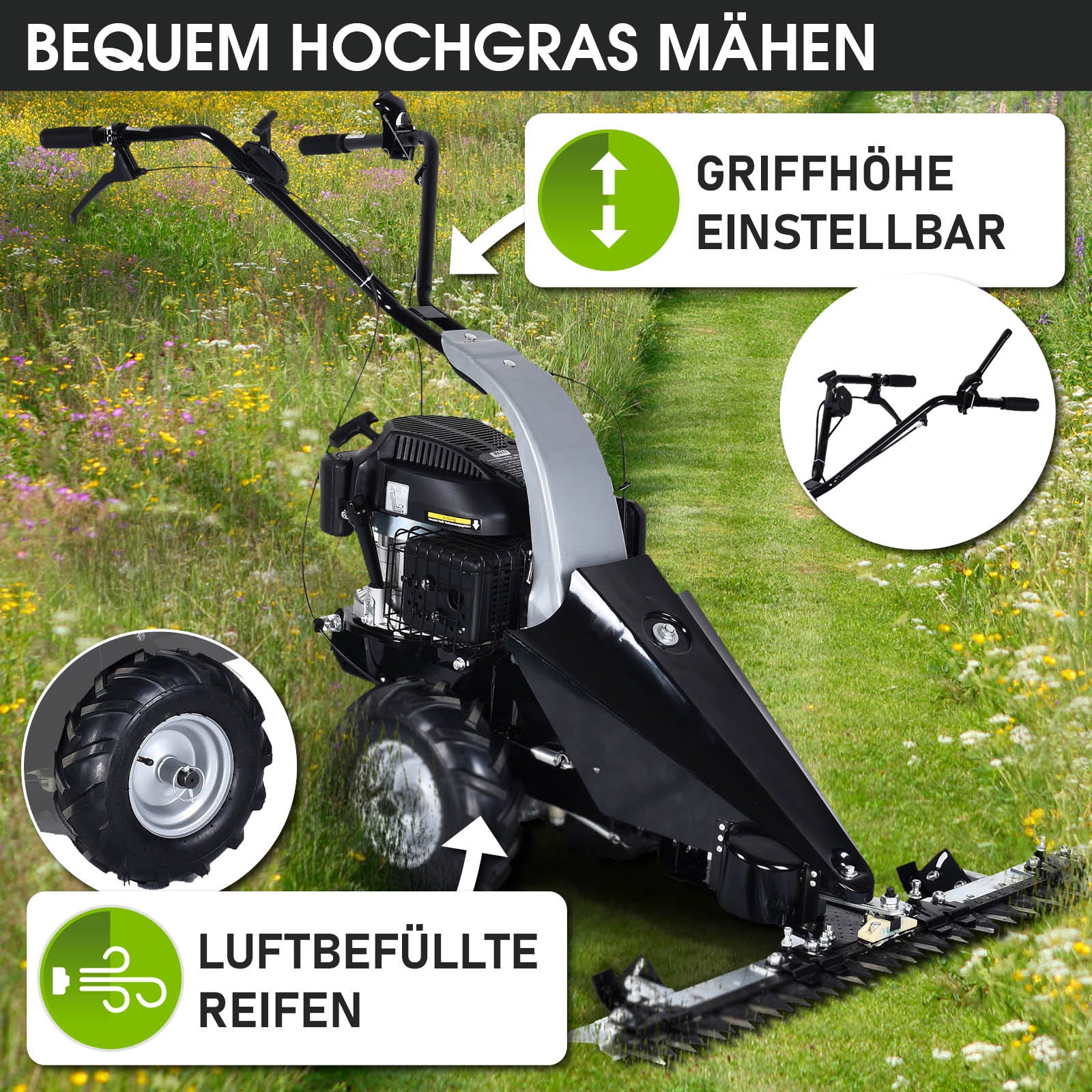 Schwarzer Brast Benzin Balkenmäher 38200 mit 4-Takt Motor 4,8PS, luftbefüllte Reifen, höhenverstellbarer Griff, auf Wiese.