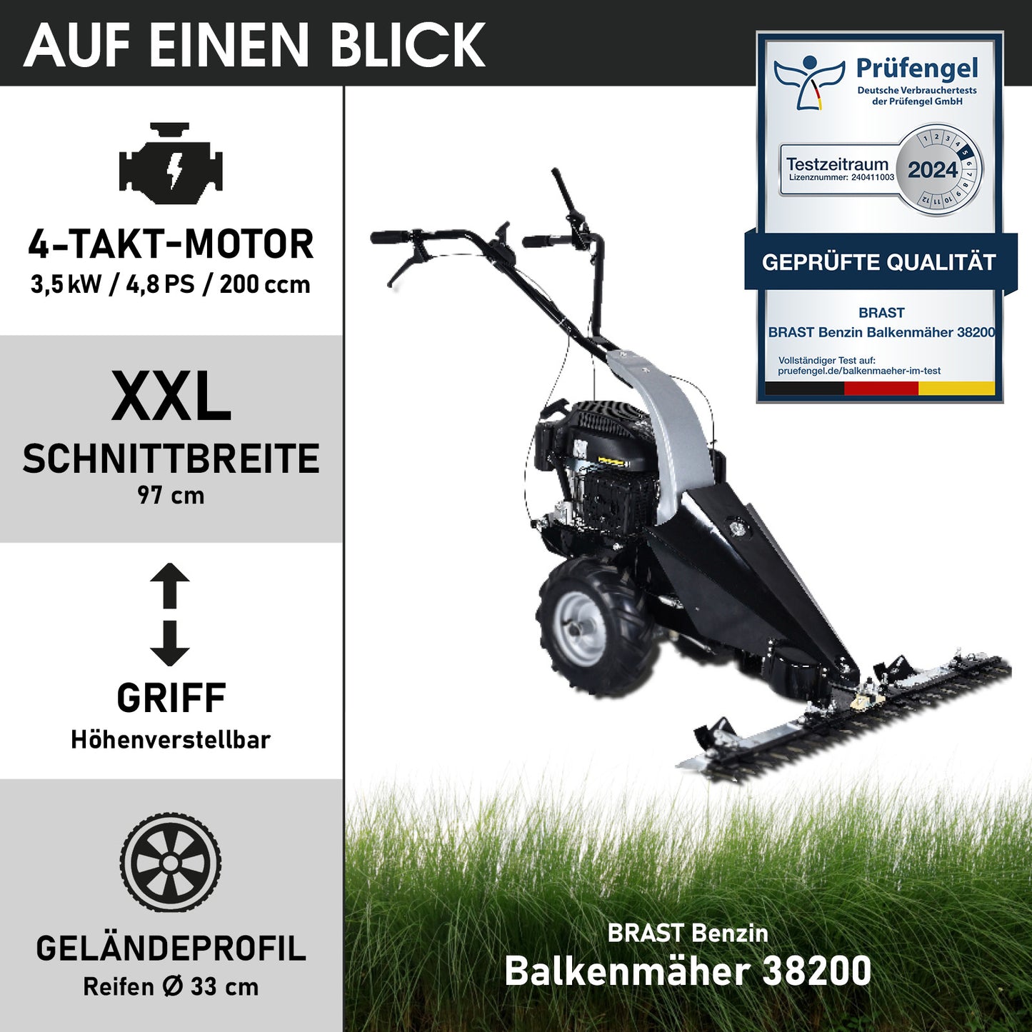 Schwarzer BRAST Benzin Balkenmäher 38200 mit 4-Takt Motor, 4,8 PS, höhenverstellbarem Griff, XXL Schnittbreite 97 cm.