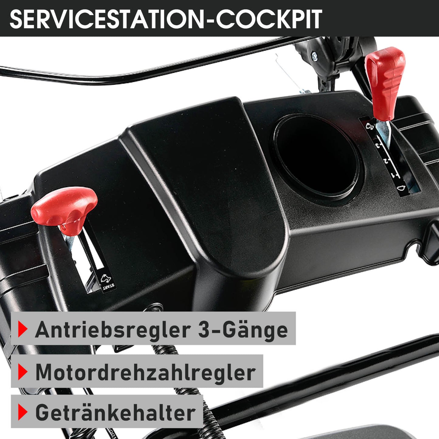 Cockpit mit 3-Gang-Antriebsregler, Motor-Drehzahlregler und Getränkehalter in Rot und Schwarz.