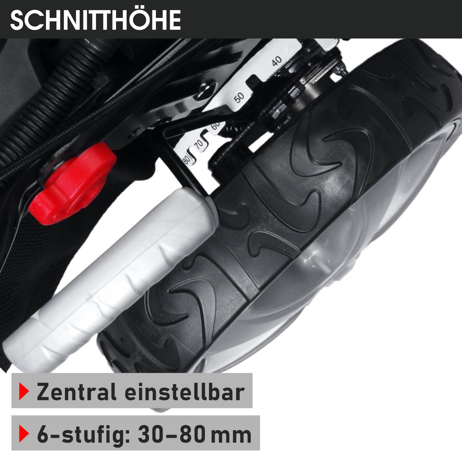 Nahaufnahme eines großen schwarzen Rasenmäher-Rads mit sechsstufiger zentraler Schnitthöhenverstellung von 30 bis 80 mm.