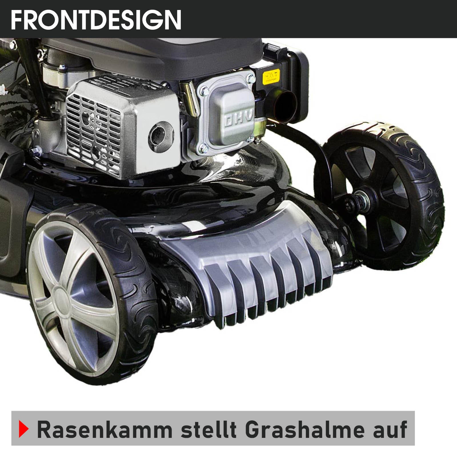 Benzinrasenmäher mit großem Motor, silber-schwarzem Gehäuse und robusten Schwerlastreifen.