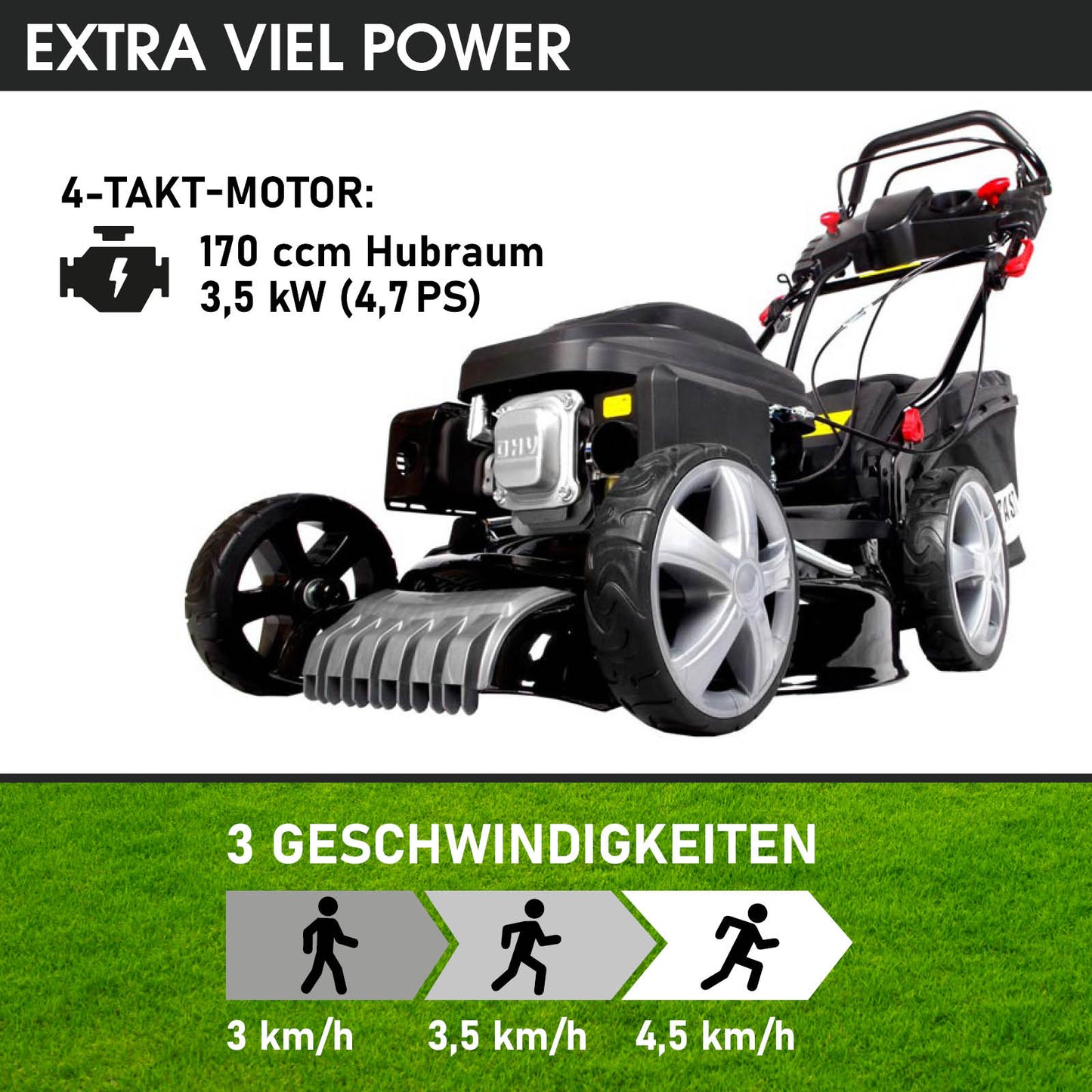 Schwarzer BRAST Benzin-Rasenmäher mit großem 4-Takt-Motor, 18-Zoll-Räder, E-Start und verstellbarem Griff.