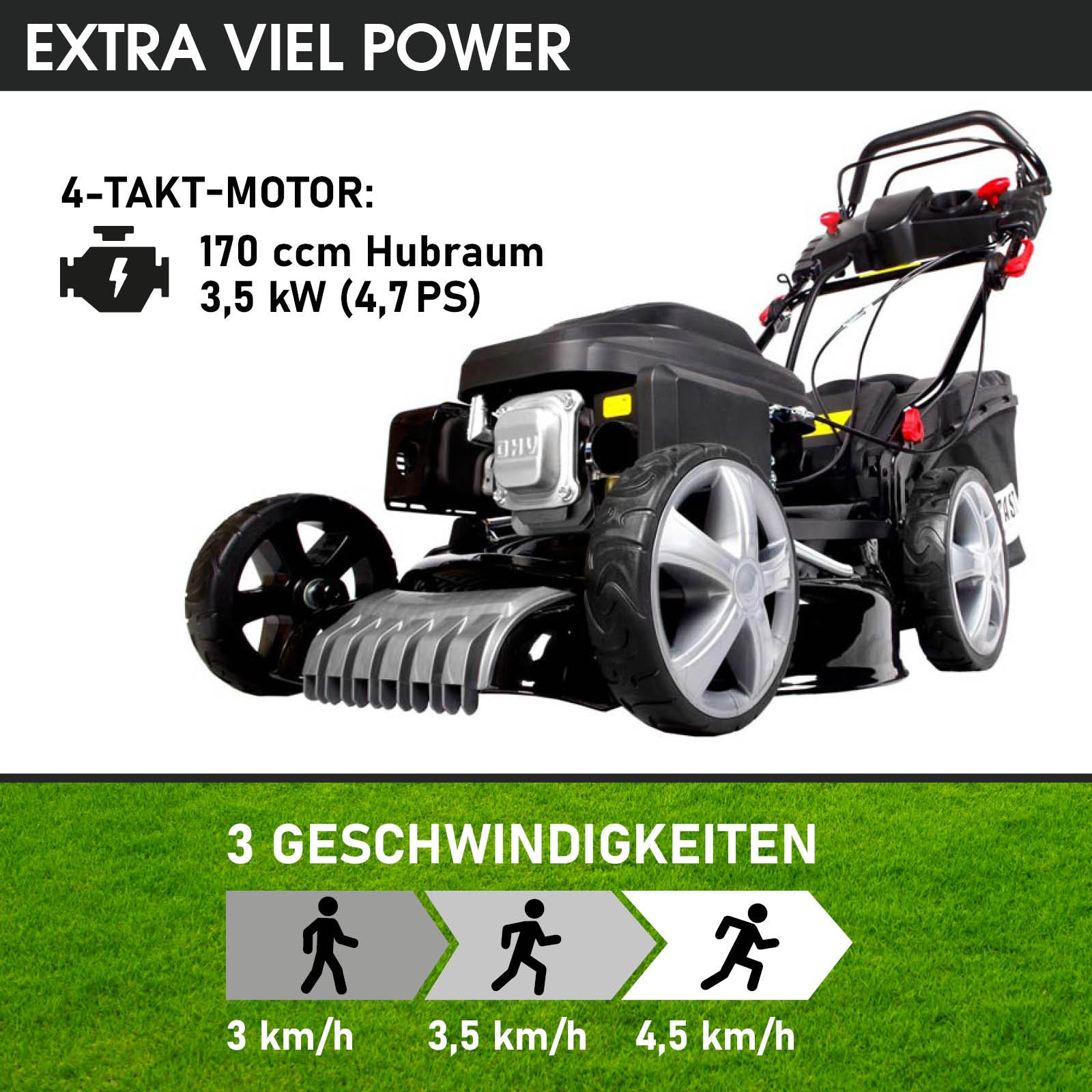 Schwarzer BRAST Benzin-Rasenmäher mit großem 4-Takt-Motor, 18-Zoll-Räder, E-Start und verstellbarem Griff.