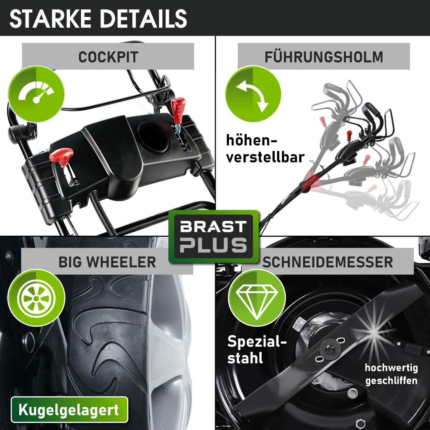 Benzin-Rasenmäher Cockpit mit höhenverstellbarem Führungsholm, kugelgelagerte Big Wheeler und scharfes Schneidemesser.