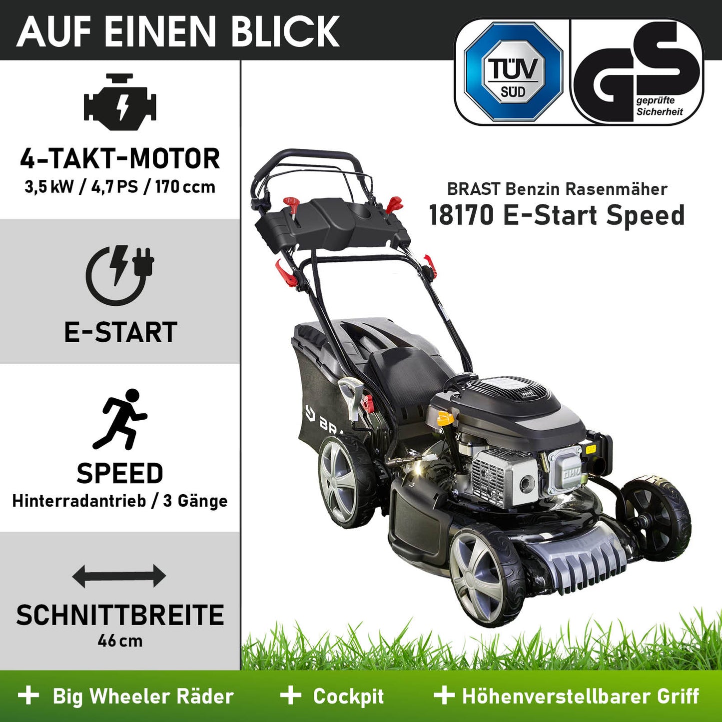 Schwarzer Benzin-Rasenmäher mit E-Start, 4-Takt-Motor, 44 cm Schnittbreite, höhenverstellbar, Heckantrieb.