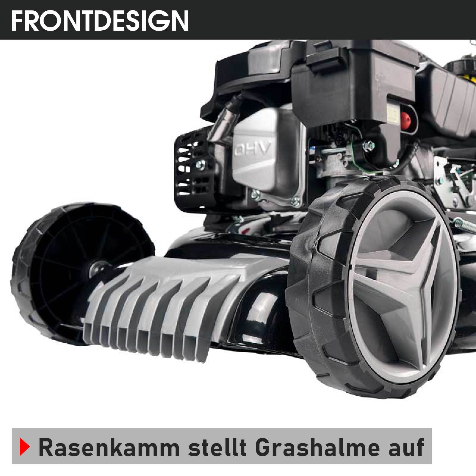 Schwarzer Benzin-Rasenmäher mit großem Front-Rasenkamm und robusten grauen Rädern.