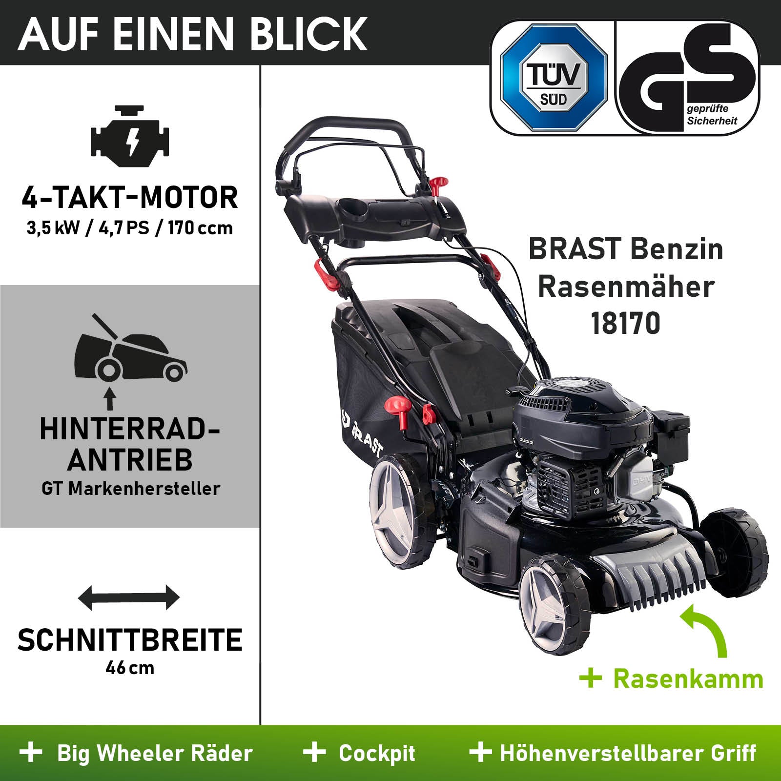 Schwarzer Benzinrasenmäher mit 4-Takt-Motor, Hinterradantrieb und 46 cm Schnittbreite.