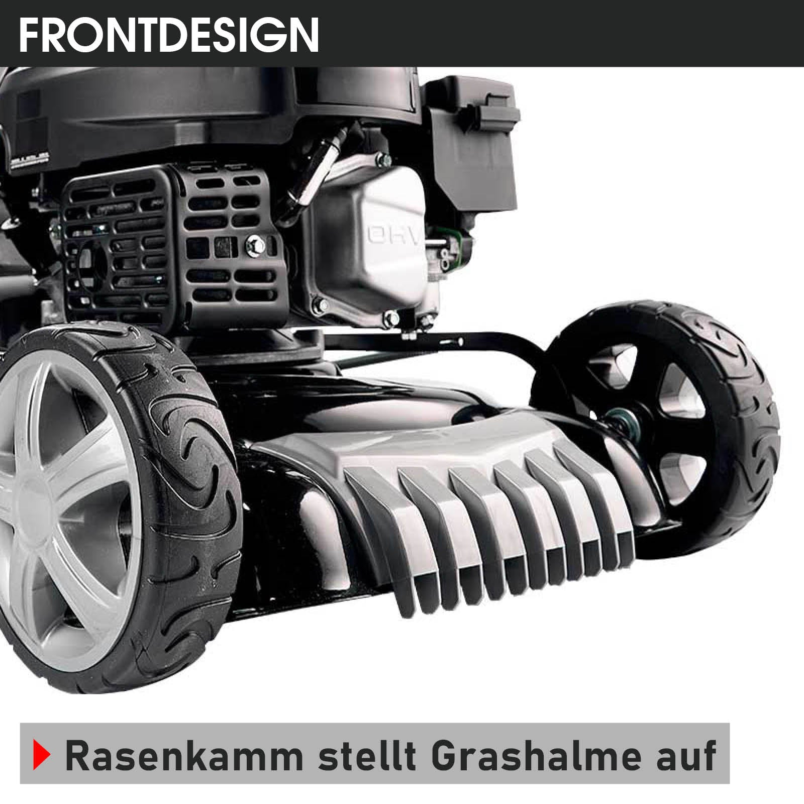 Benzin-Rasenmäher mit großem Heckfangkorb, robustem schwarzem Metallgehäuse und Profilreifen.