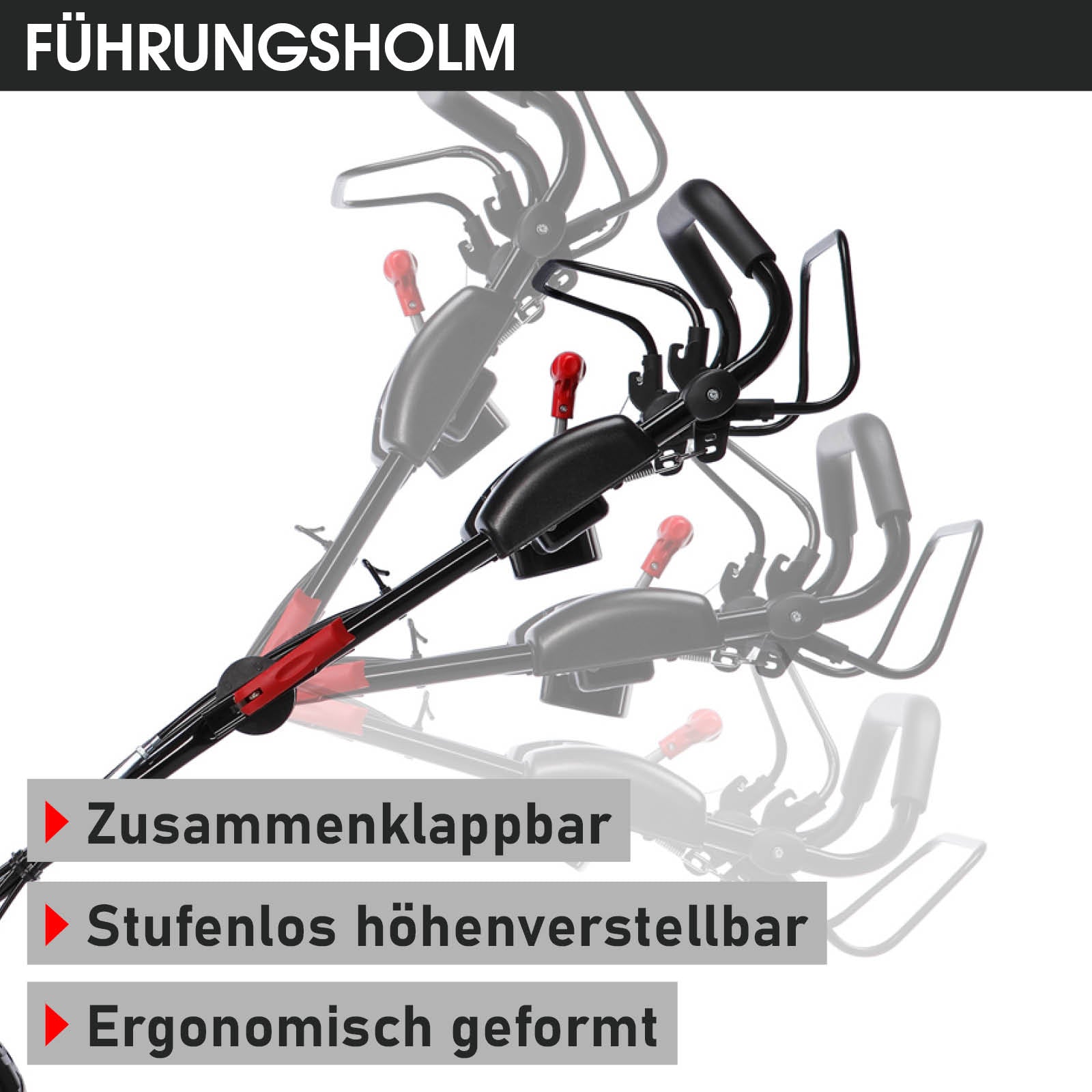 Schwarzer höhenverstellbarer Führungsholm mit klappbarem Griff und ergonomischem Design für Rasenmäher.