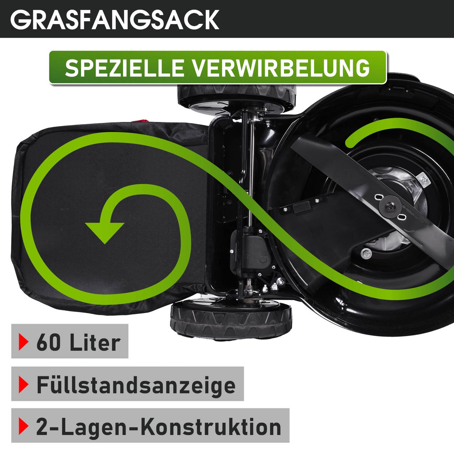 Schwarzer Grasfangsack mit spezieller Verwirbelung, 60 Liter Fassungsvermögen und Füllstandsanzeige.