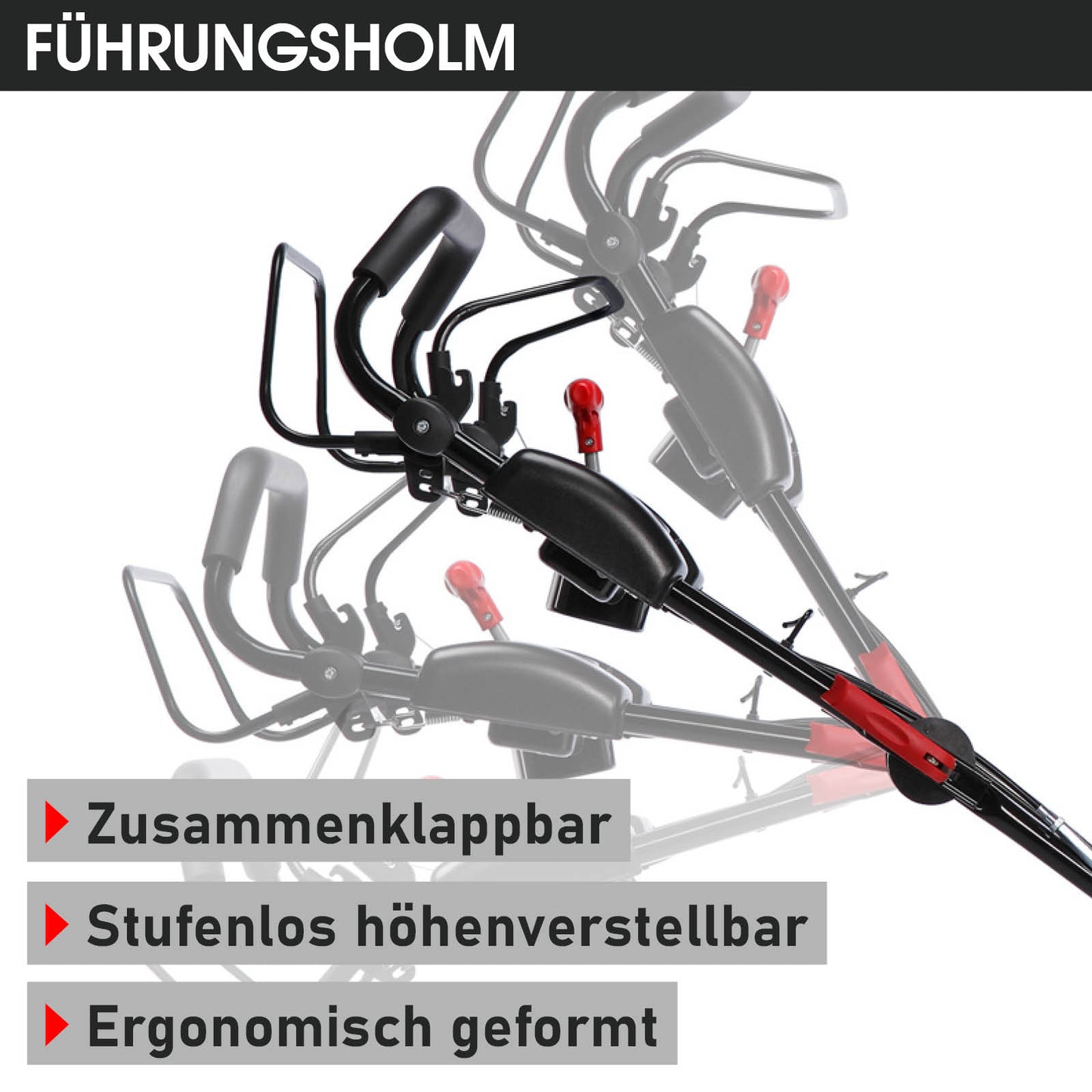 Schwarzer klappbarer Führungsholm mit ergonomischem Griff und rotem Einstellhebel am Benzinrasenmäher.