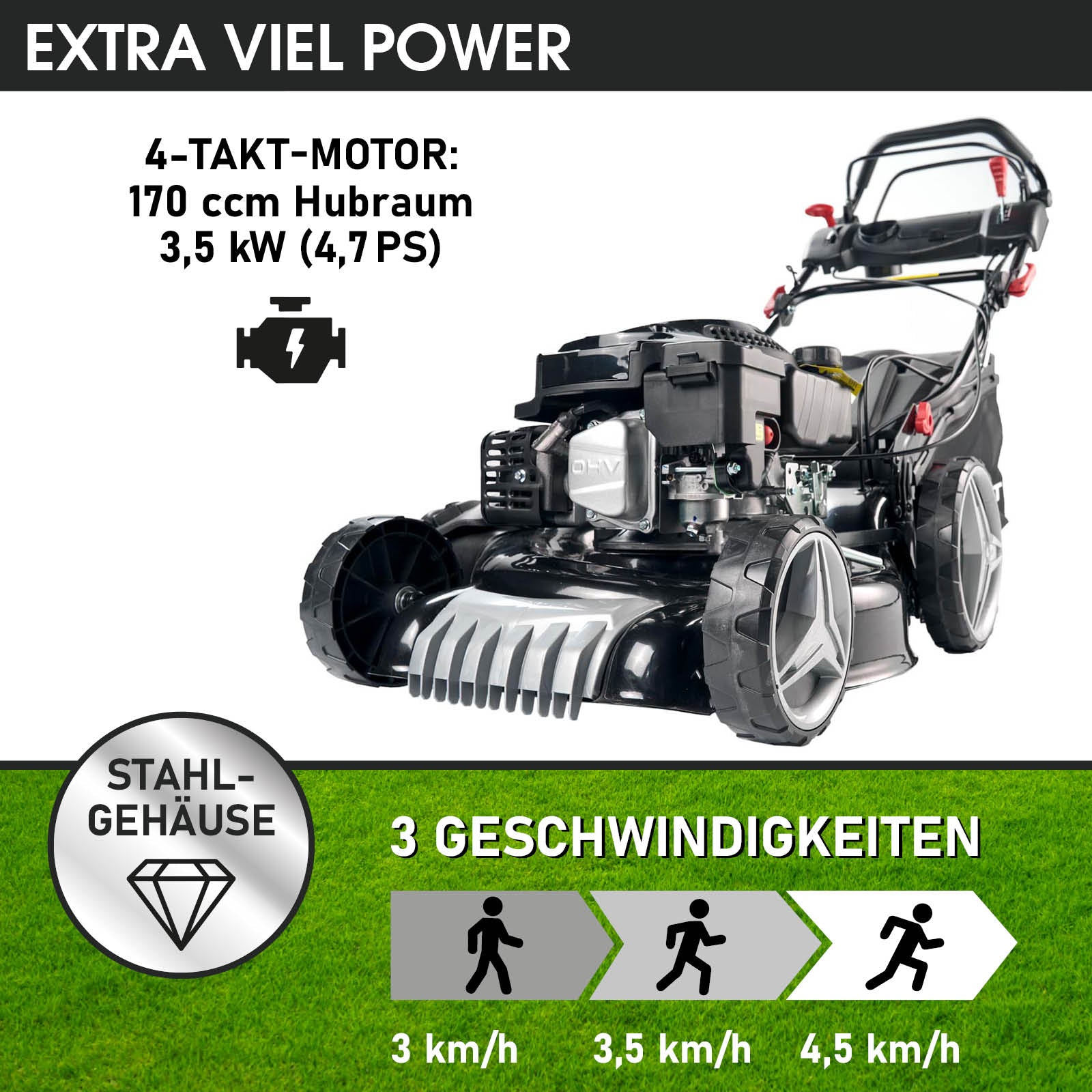 Schwarzer Benzin-Rasenmäher mit Stahlgehäuse, 3 Geschwindigkeiten, 4-Takt-Motor 170 cm³, ergonomischer Griff.