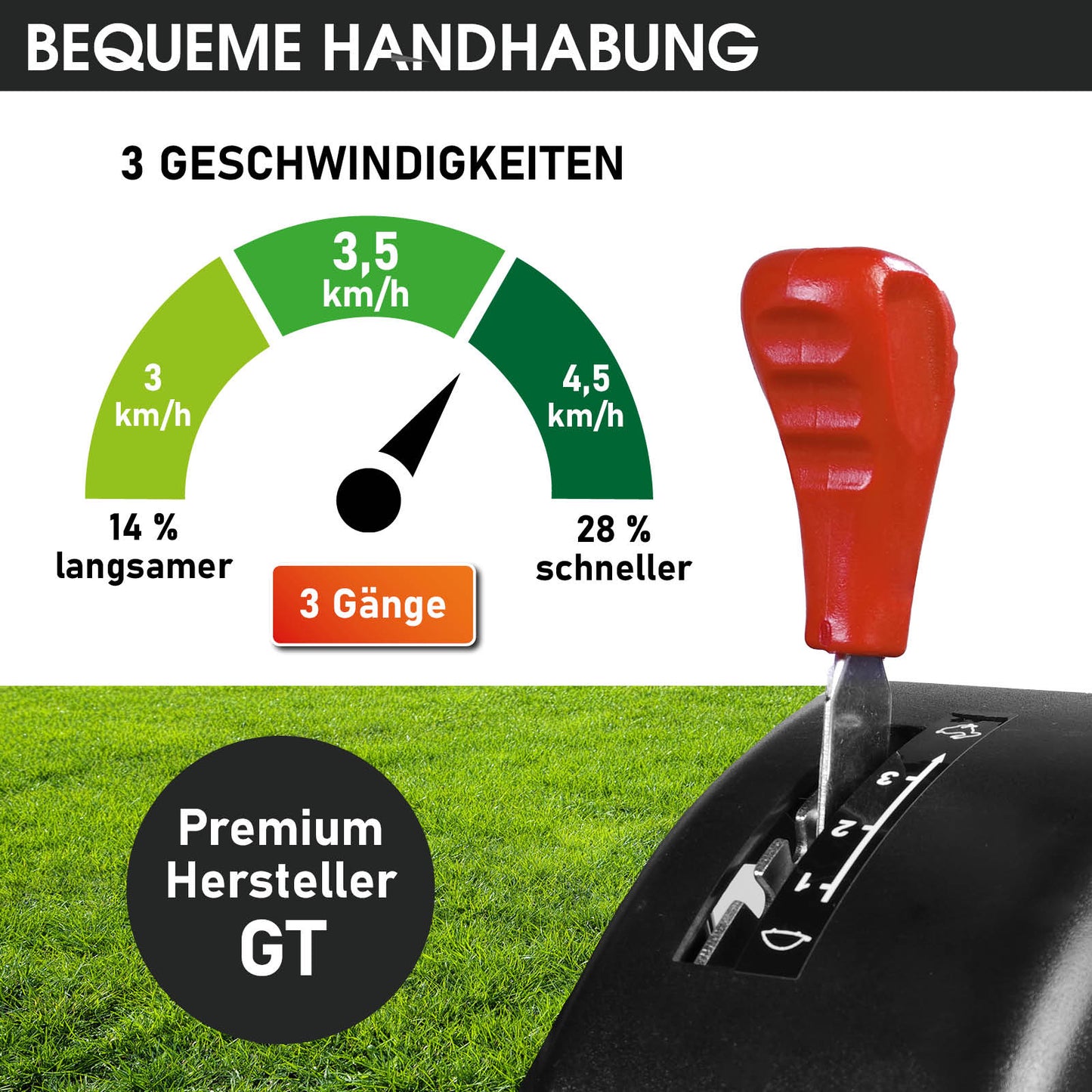 Roter Schalthebel mit Geschwindigkeitsanzeige und drei Gängen für Benzinrasenmäher.