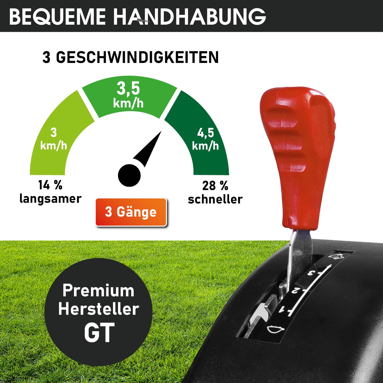 Roter Schalthebel mit Geschwindigkeitsanzeige und drei Gängen für Benzinrasenmäher.