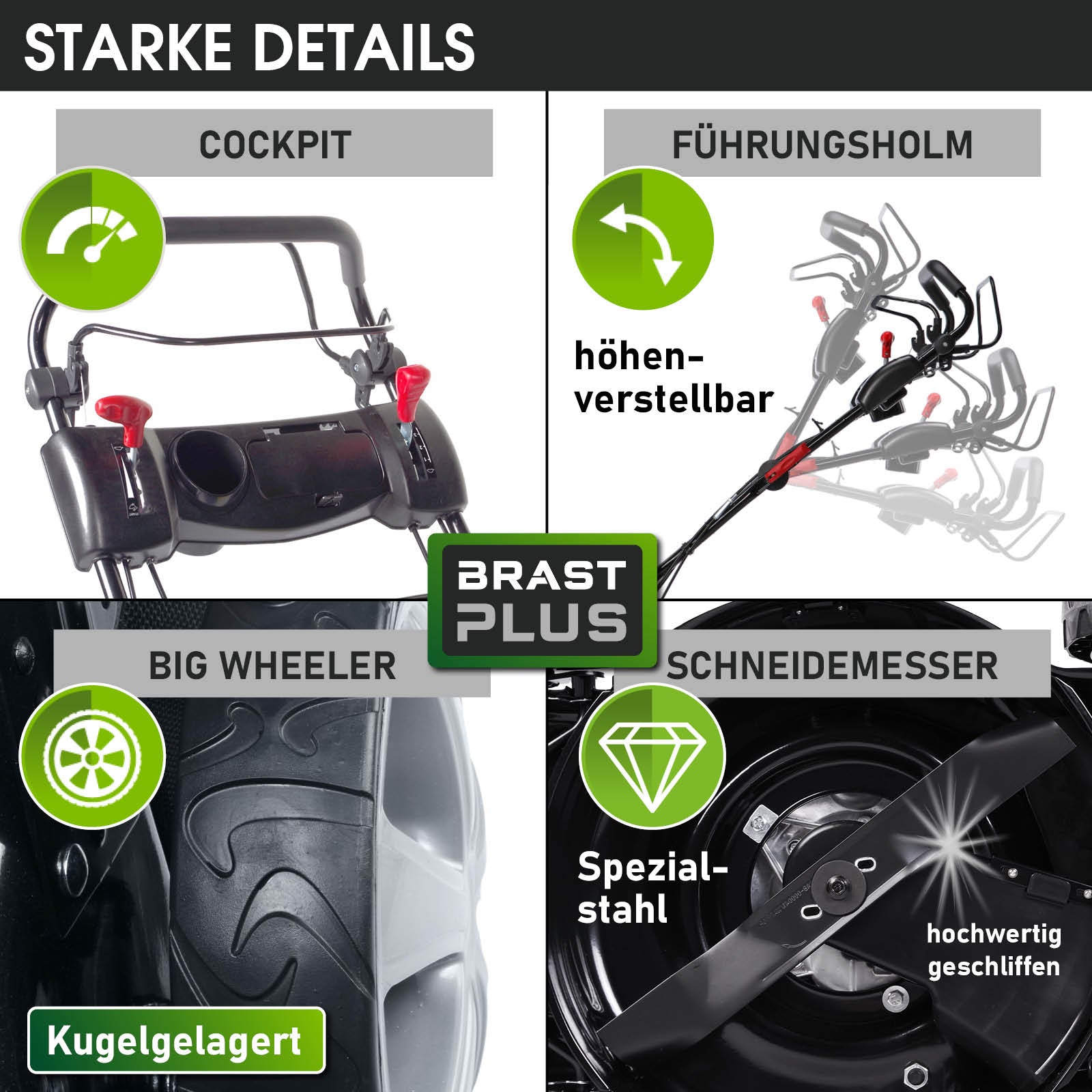 Lenker mit höhenverstellbarem Führungsholm und kugelgelagerte Big-Wheeler Reifen, scharfes Schneidemesser.