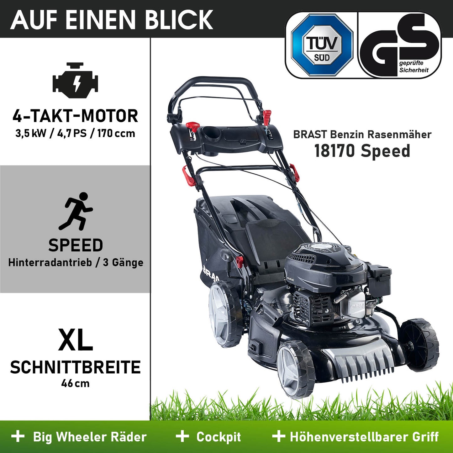 Schwarzer Benzin-Rasenmäher mit 46 cm Schnittbreite, 4-Takt-Motor und 3-Gang-Hinterradantrieb.
