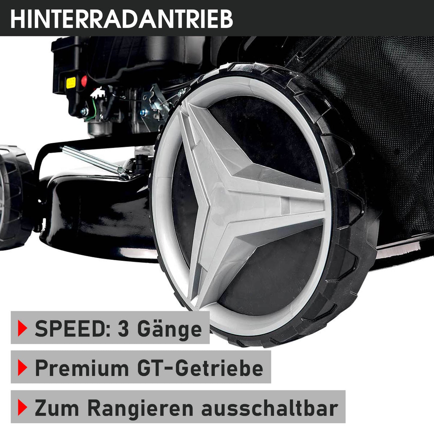 Benzinrasenmäher mit großem Hinterradantrieb, schwarzes Gehäuse, robuster Speed-Ringreifen.