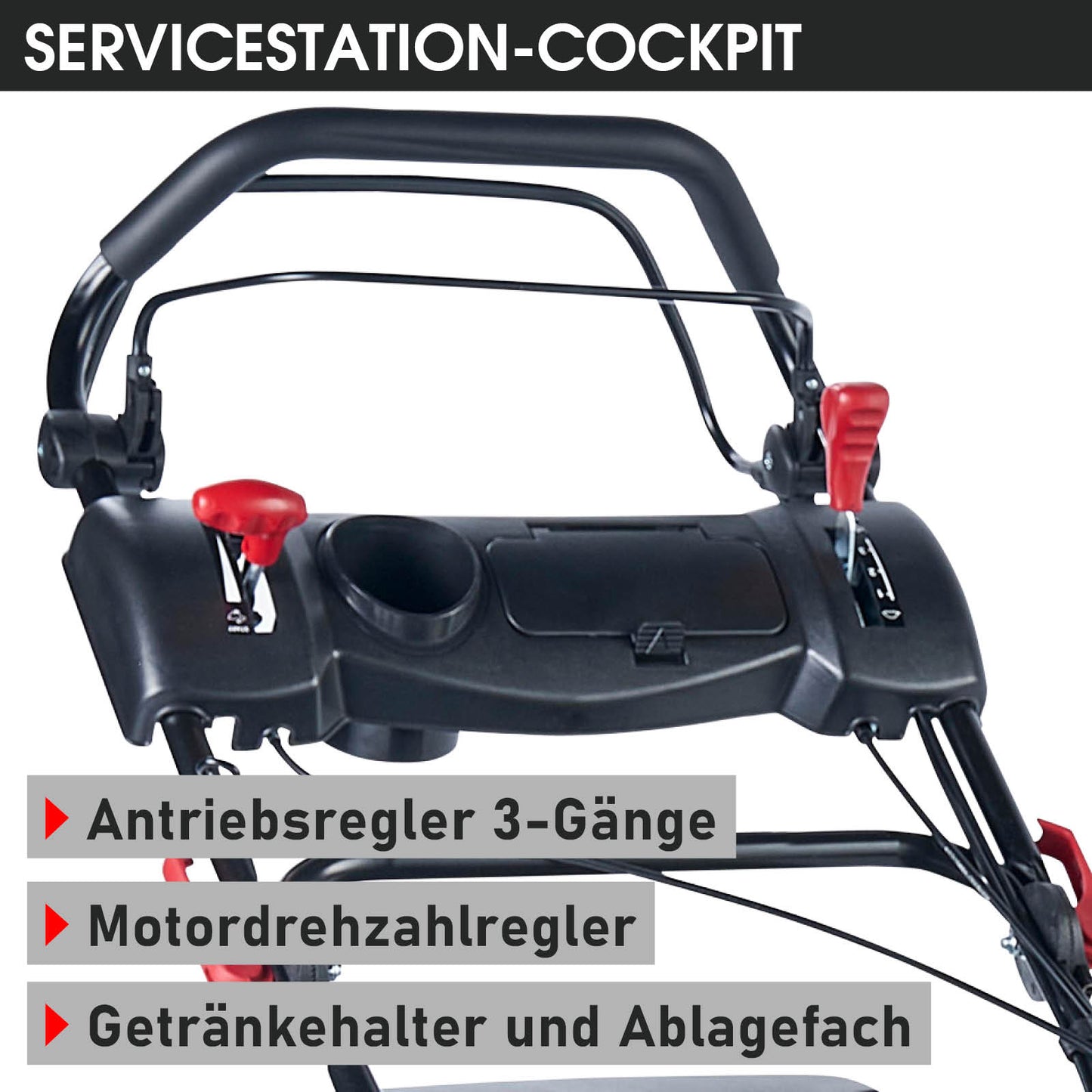 Schwarzer Bediencockpit mit Hebeln und Getränkehalter für Benzin-Rasenmäher.