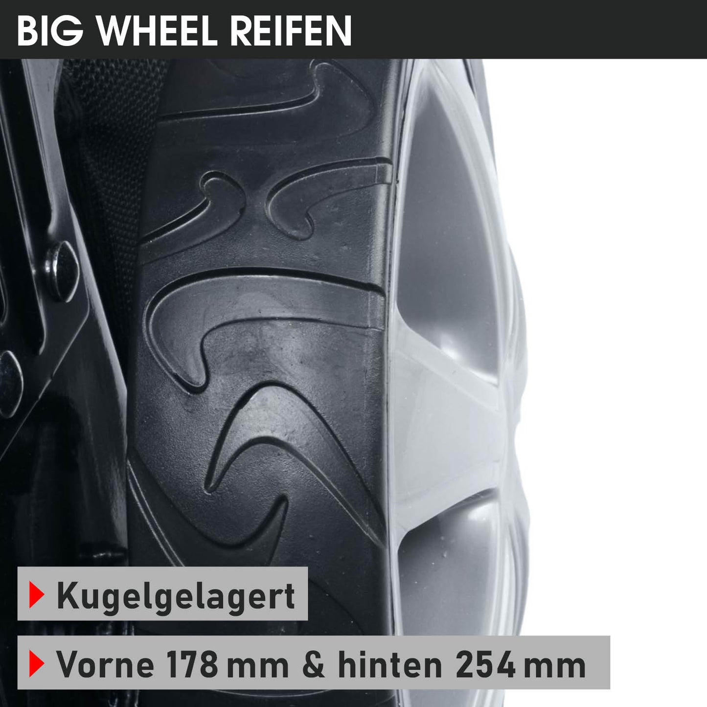 Rasenmäherrad mit großem Profil und kugelgelagertem Einsatz, schwarz und grau.