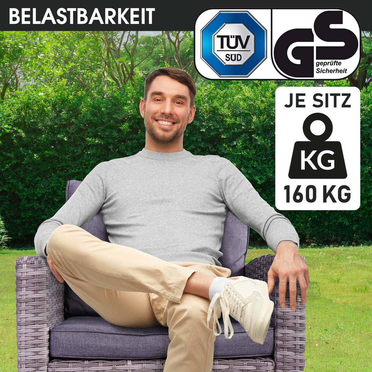 Graue Polyrattan Gartengarnitur mit dunklen Sitzkissen, moderne Rattan Sitzgruppe für Balkon und Garten.