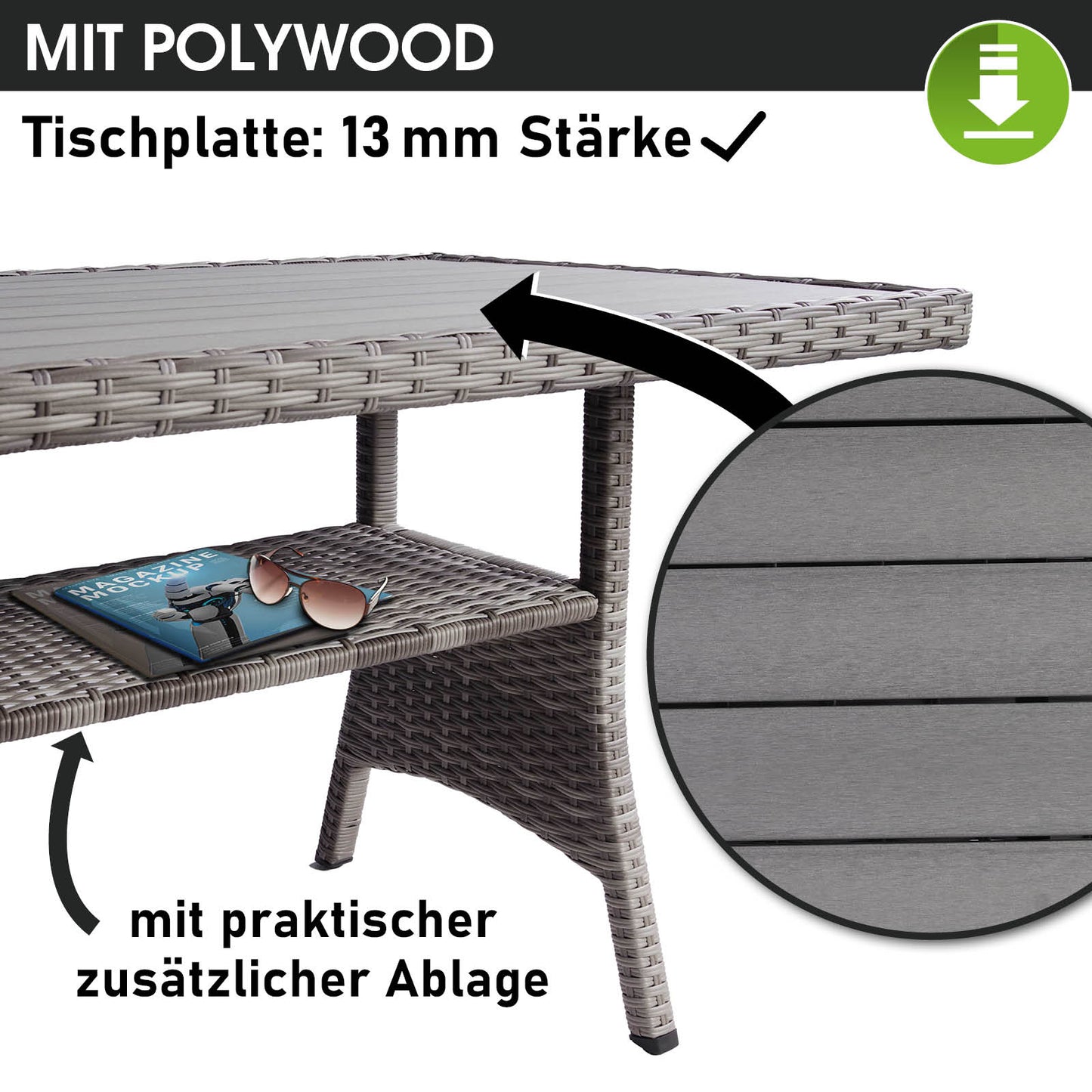 Gartengarnitur Polyrattan Tischplatte grau mit zusätzlicher Ablage, Sitzgruppe Garten.