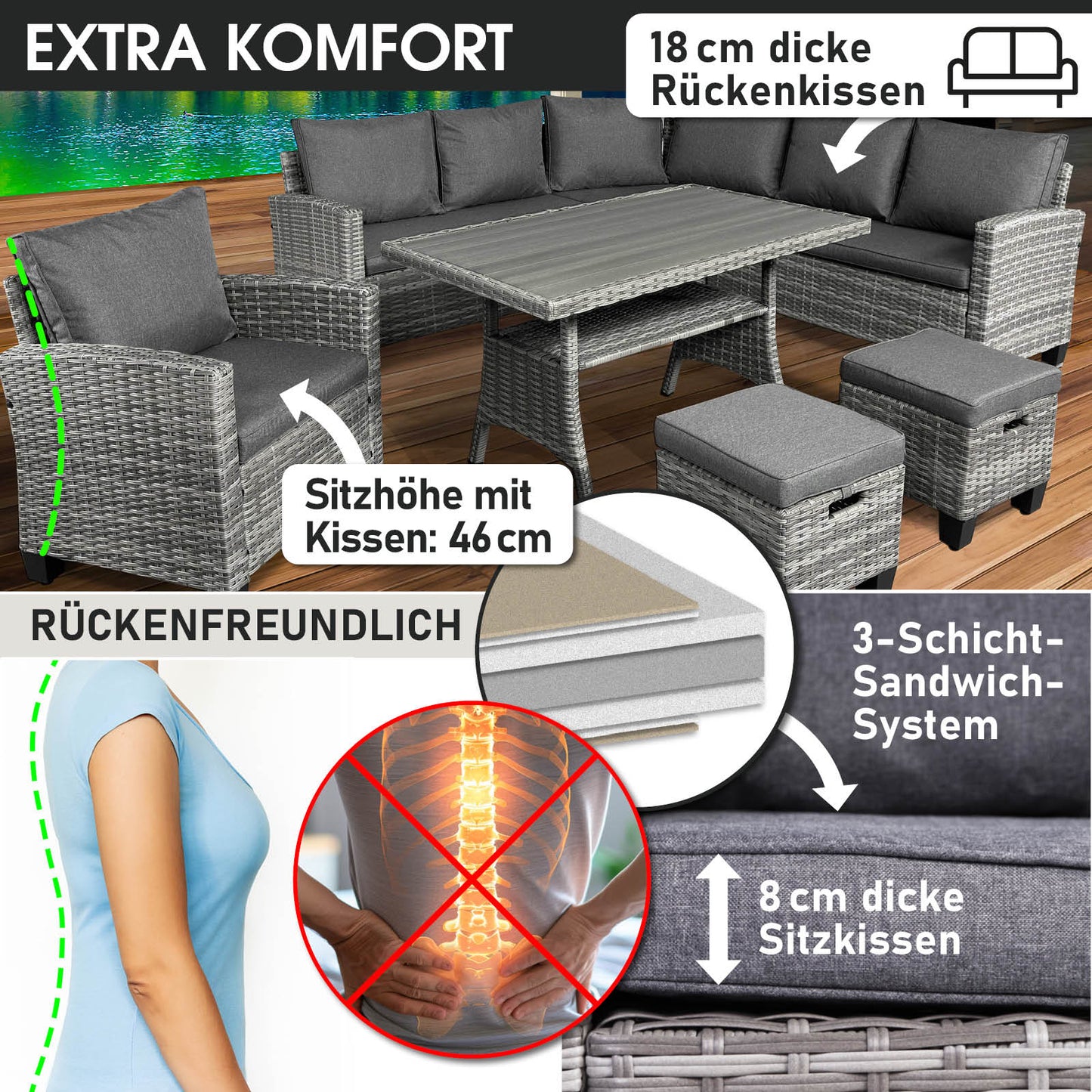 Graue Polyrattan Eck Sitzgruppe mit grauen Sitz- und Rückenkissen, Gartenmöbel Sitzgruppe für Balkon und Garten.