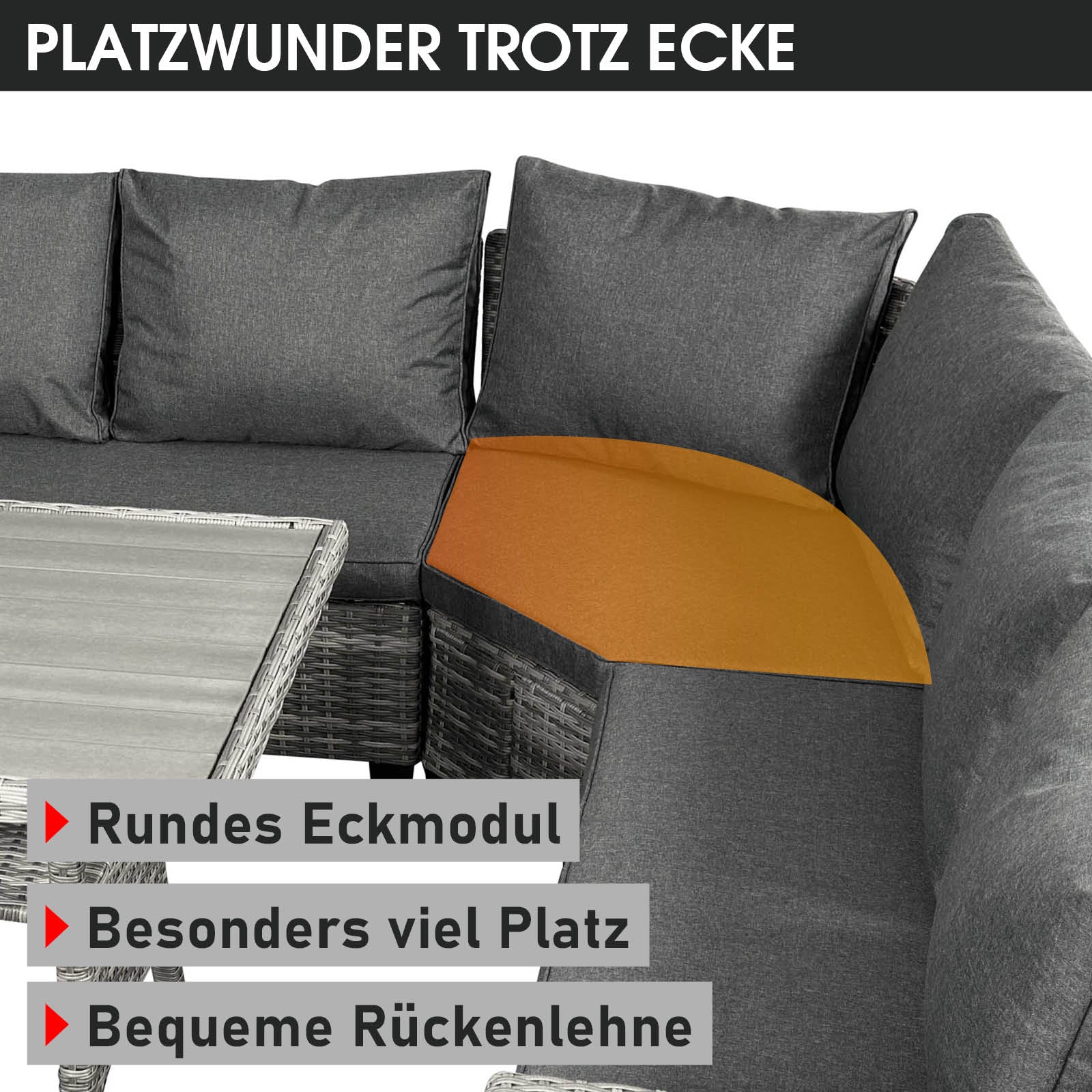 Graue Polyrattan Gartengarnitur mit rundem Eckmodul und bequemen Rückenlehnen, Sitzgruppe Garten.