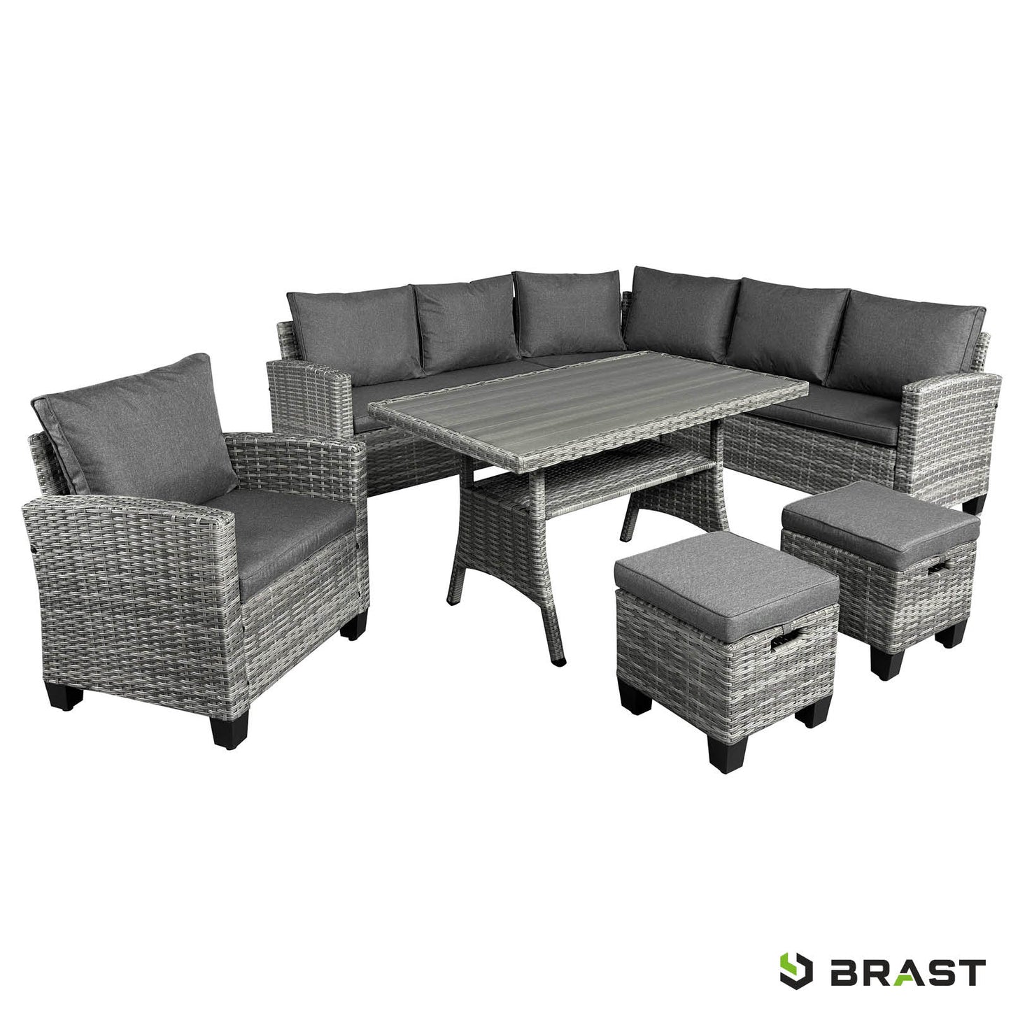 Polyrattan Gartengarnitur grau mit Eck-Sitzgruppe, Kissen, Tisch und Hockern, Gartenmöbel Sitzgruppe.