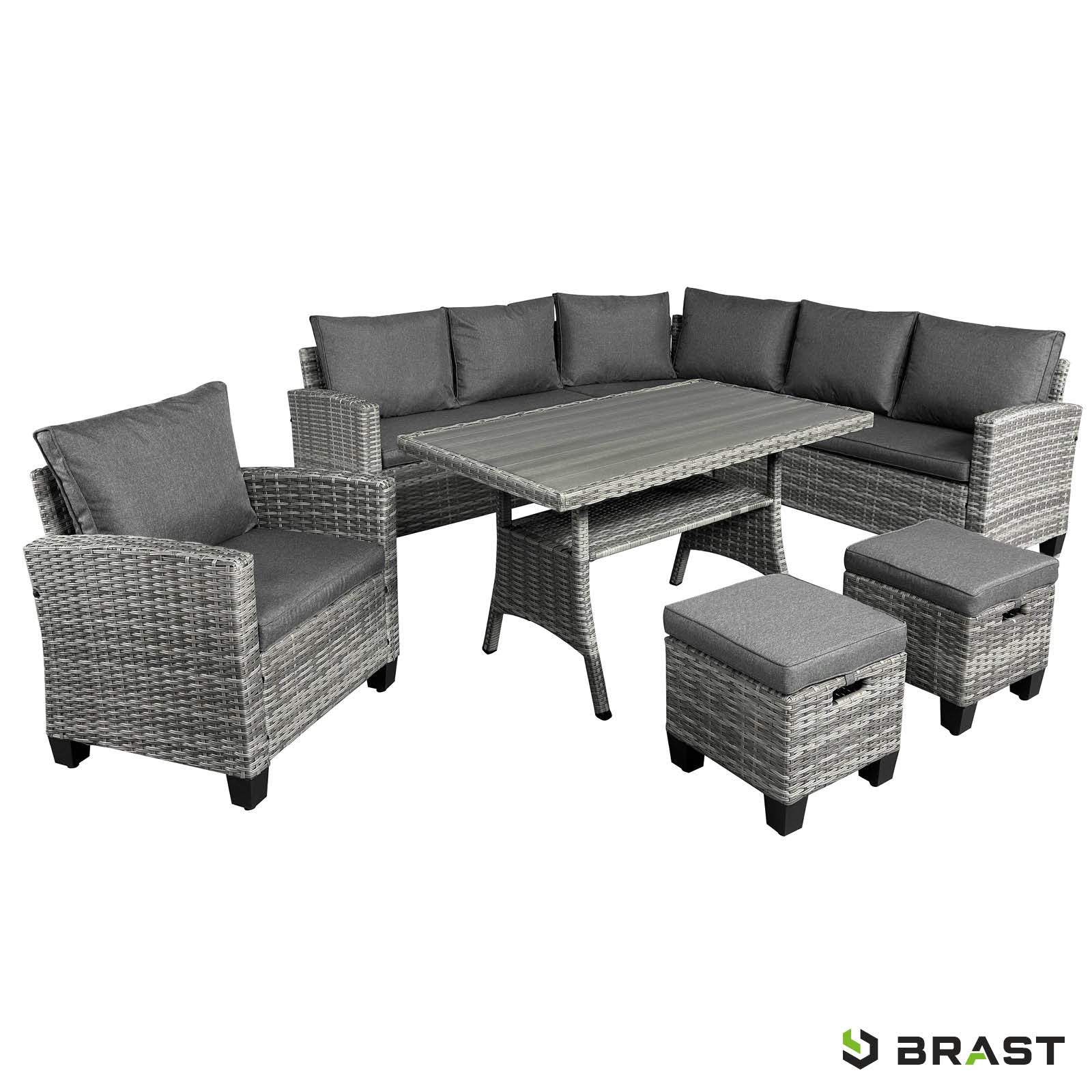 Polyrattan Gartengarnitur grau mit Eck-Sitzgruppe, Kissen, Tisch und Hockern, Gartenmöbel Sitzgruppe.