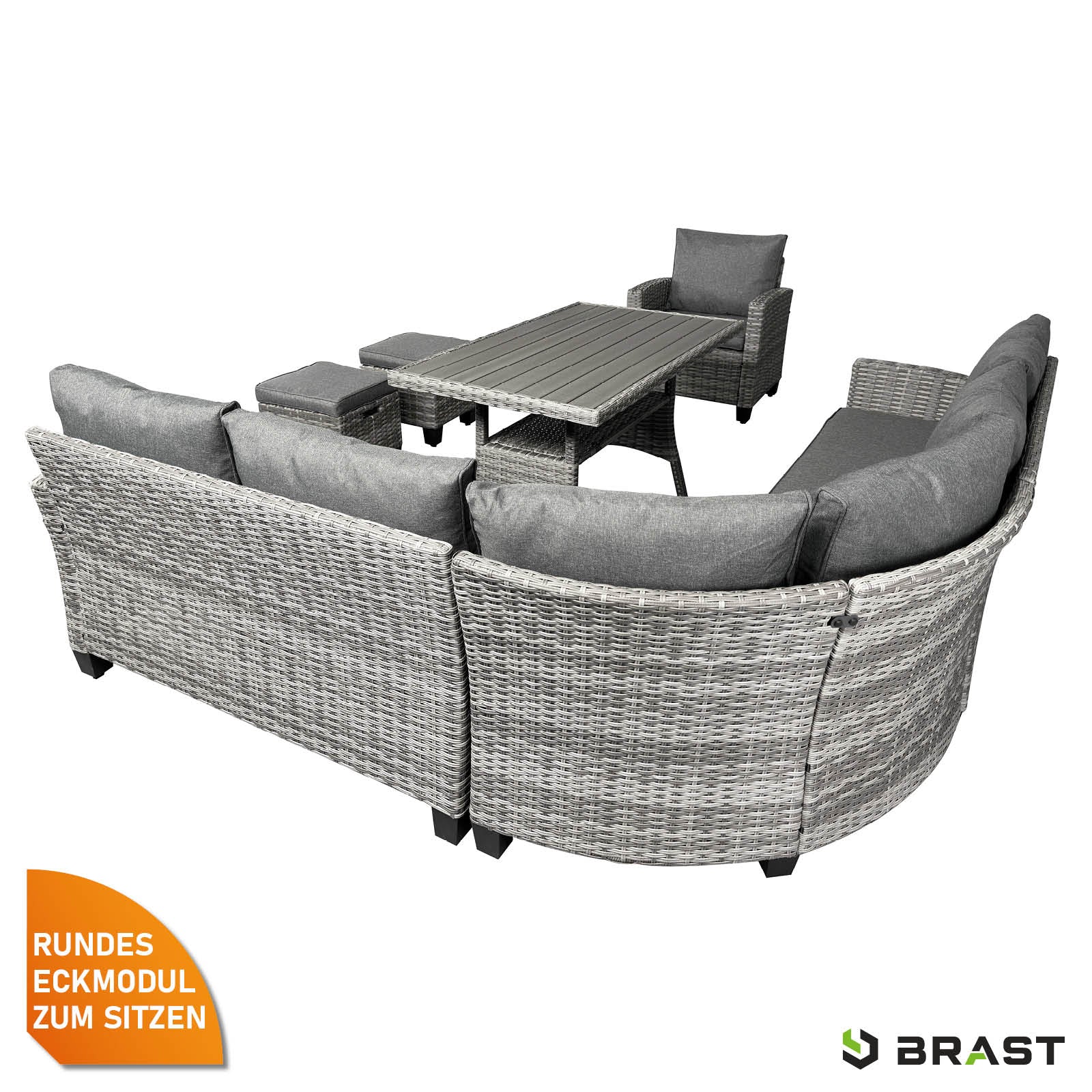 Runde Polyrattan Sitzgruppe Garten in Grau und Anthrazit mit Tisch, Balkon Sitzgruppe.