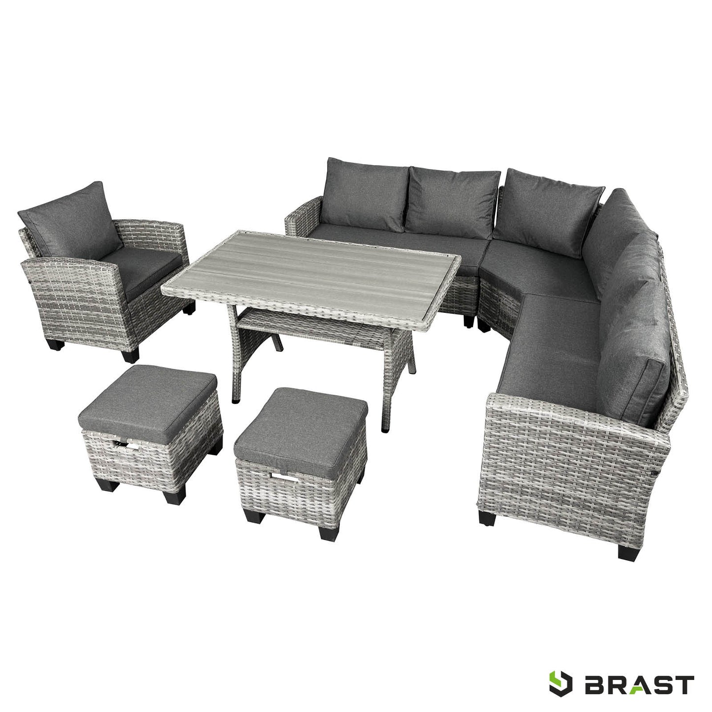 Graue Polyrattan Eck Gartengarnitur mit grauen Polstern, Tisch und zwei Hockern, Sitzgruppe Garten, Balkon Sitzgruppe,.