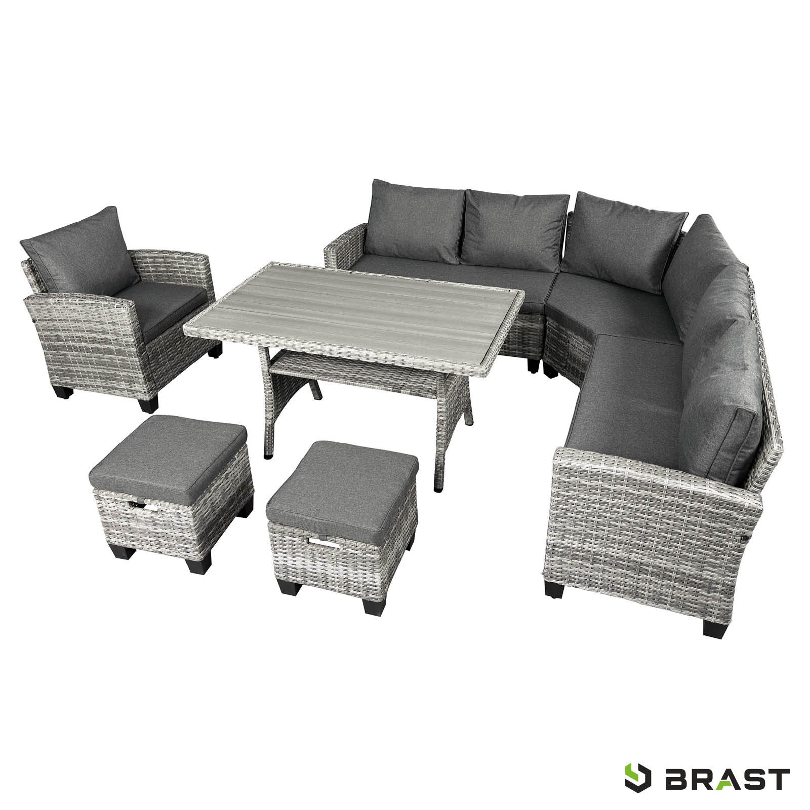 Graue Polyrattan Eck Gartengarnitur mit grauen Polstern, Tisch und zwei Hockern, Sitzgruppe Garten, Balkon Sitzgruppe,.